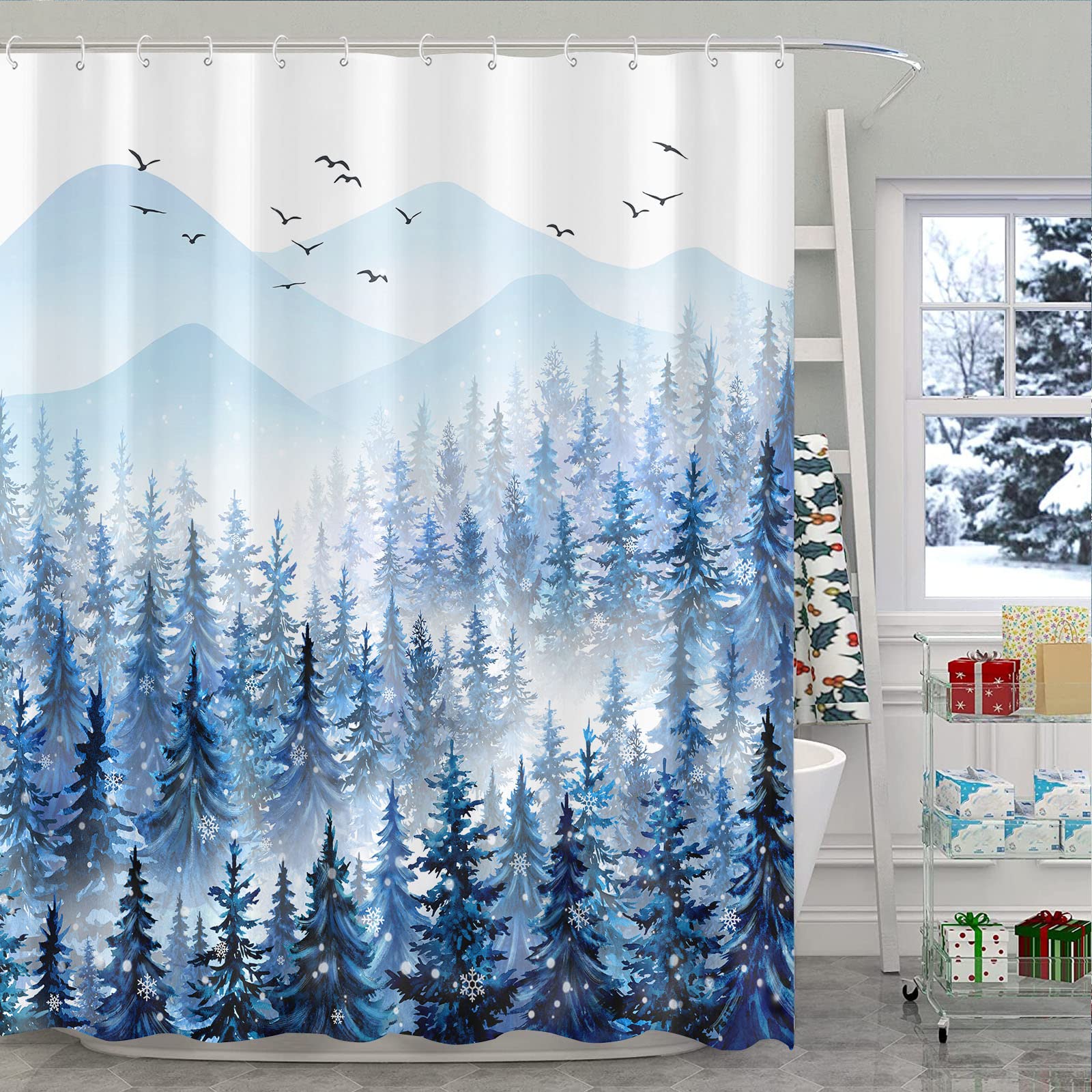 Accnicc Christmas Shower Curtain Set Winter Misty Forest Waterproof Fabric Shower Curtains For Bathroom Blue White Nature Snowfl