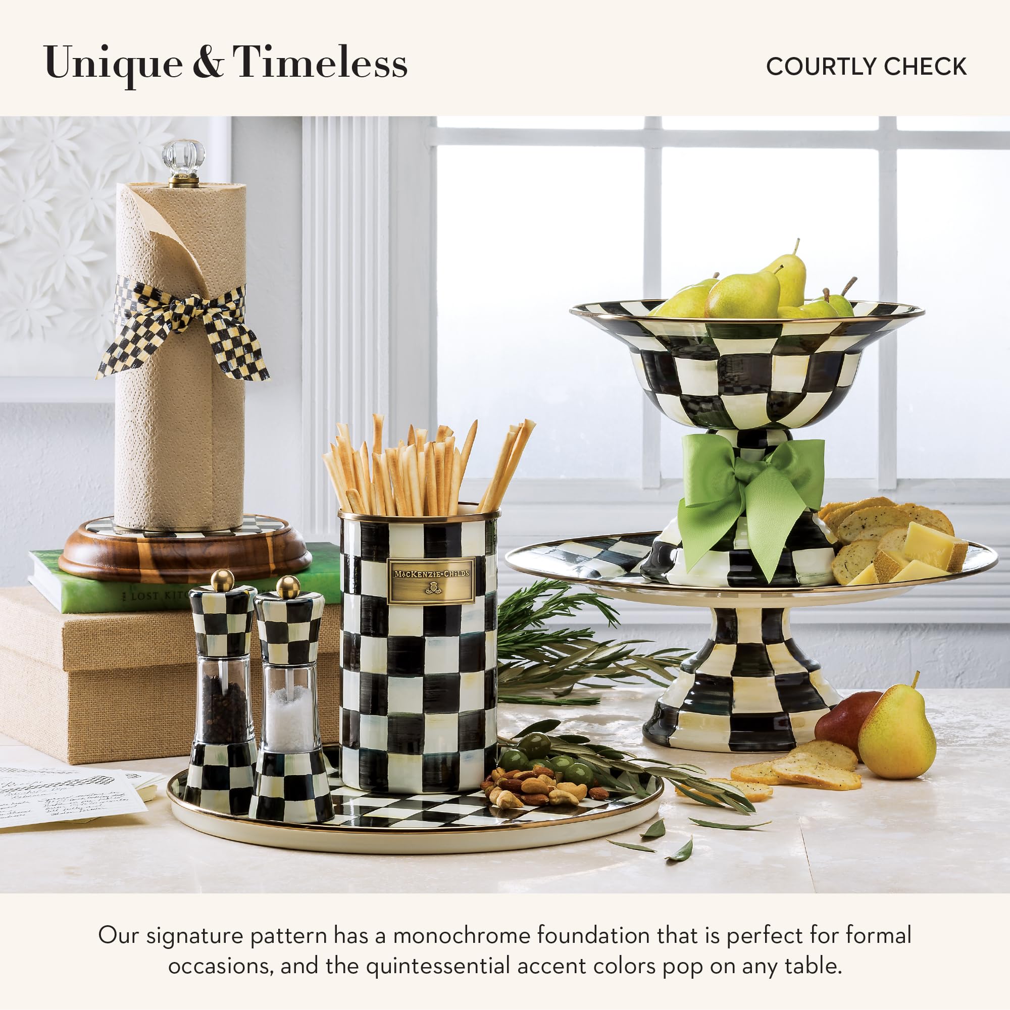 Mackenzie-Childs Wood Paper Towel Holder, Decorative Paper Towel Holder For Kitchen, Black-And-White Courtly Check