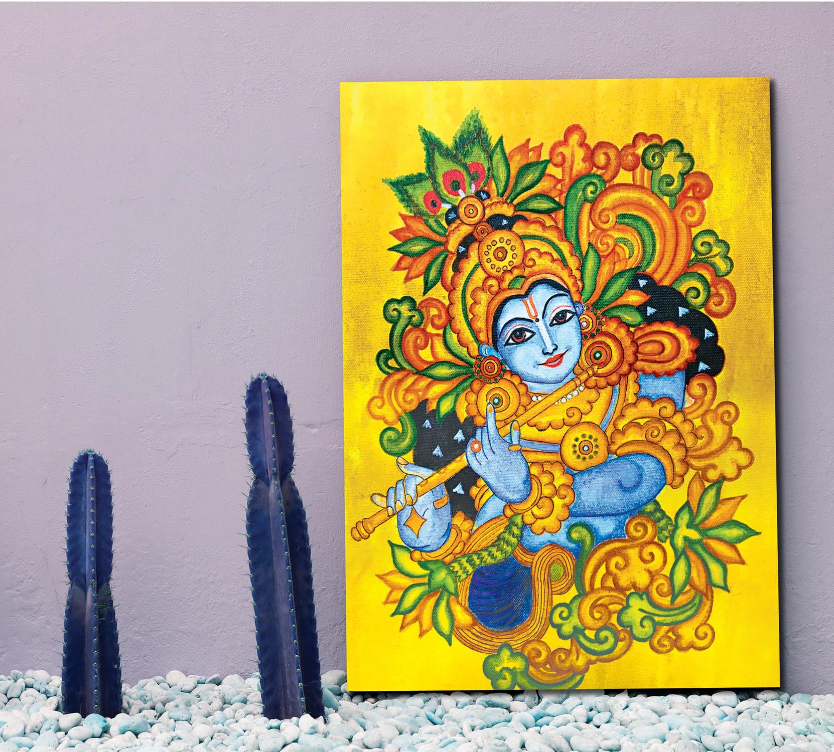 Namaste Home - Canvas Painting - Shree Krishna - Kerala Mural - Religious Canvas Painting - (Cotton Canvas, Small Size 15X19 Inc