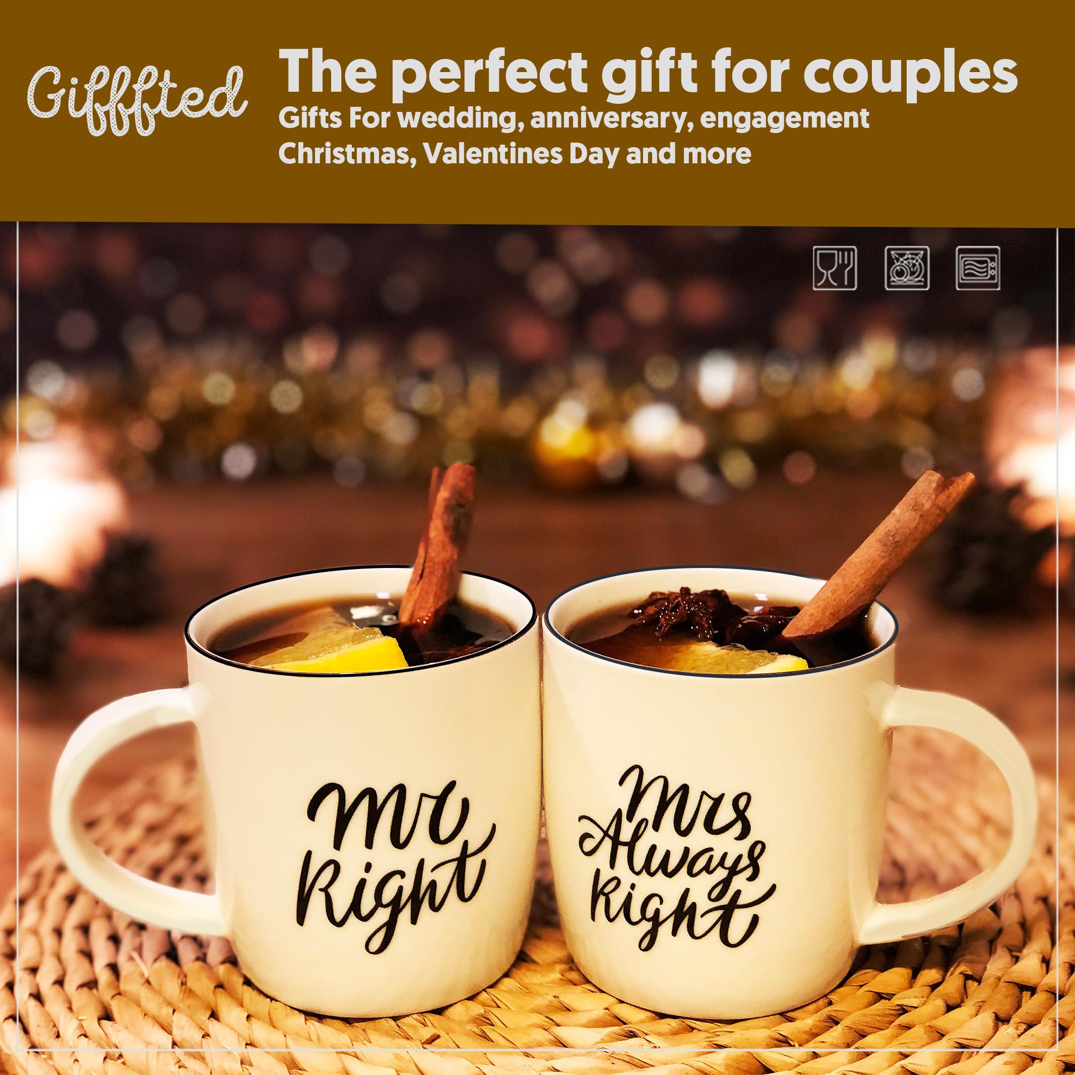 Triple Gifffted Mr Right Mrs Always Right Coffee Mugs Gifts Ideas for Couples, Wedding Anniversary, Engagement, Christmas, His &