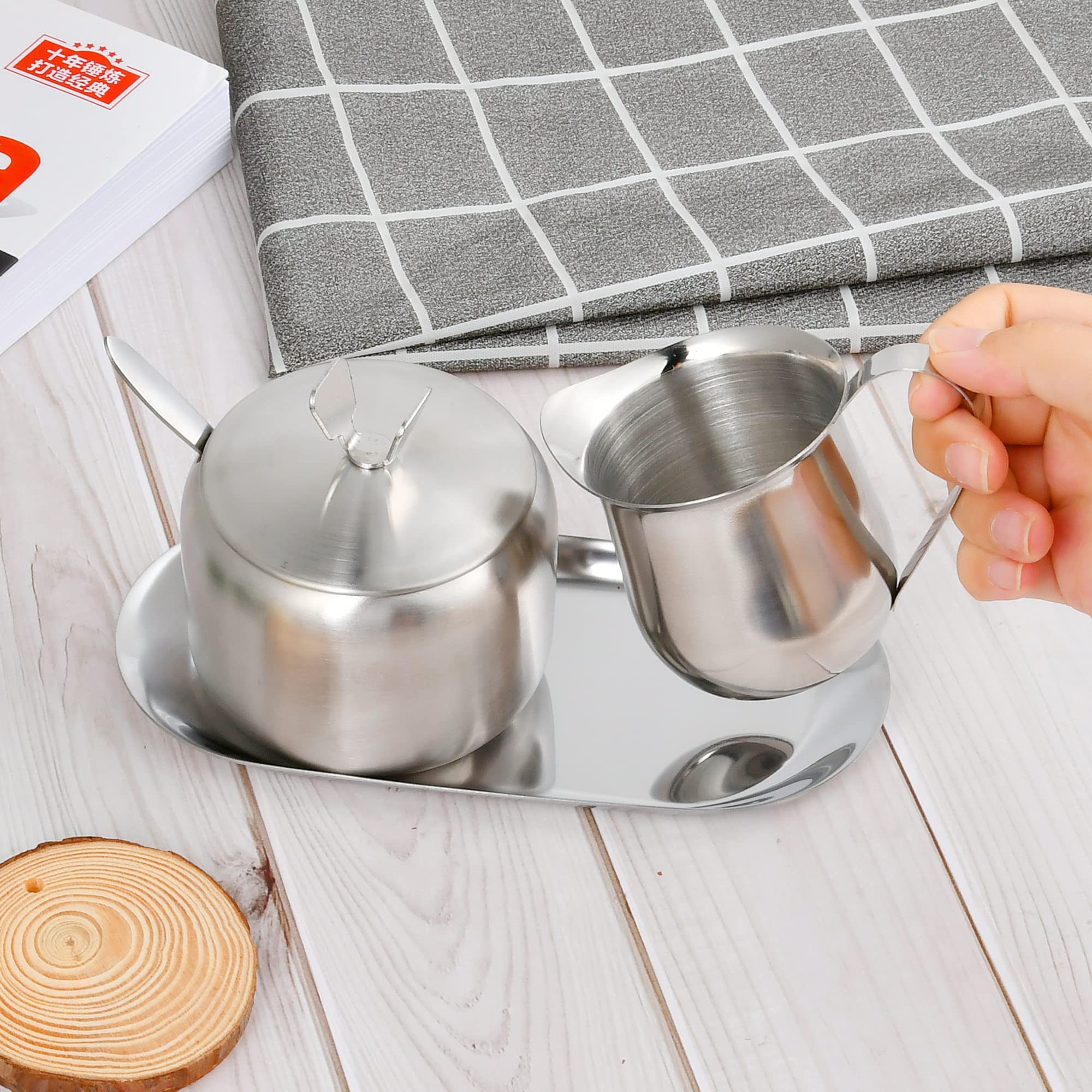 Sugar And Creamer Set, Coffee Serving Set, Stainless Steel Latte Milk Cup Cream Jug And Sugar Bowl With Lid And Spoon Tray Serve