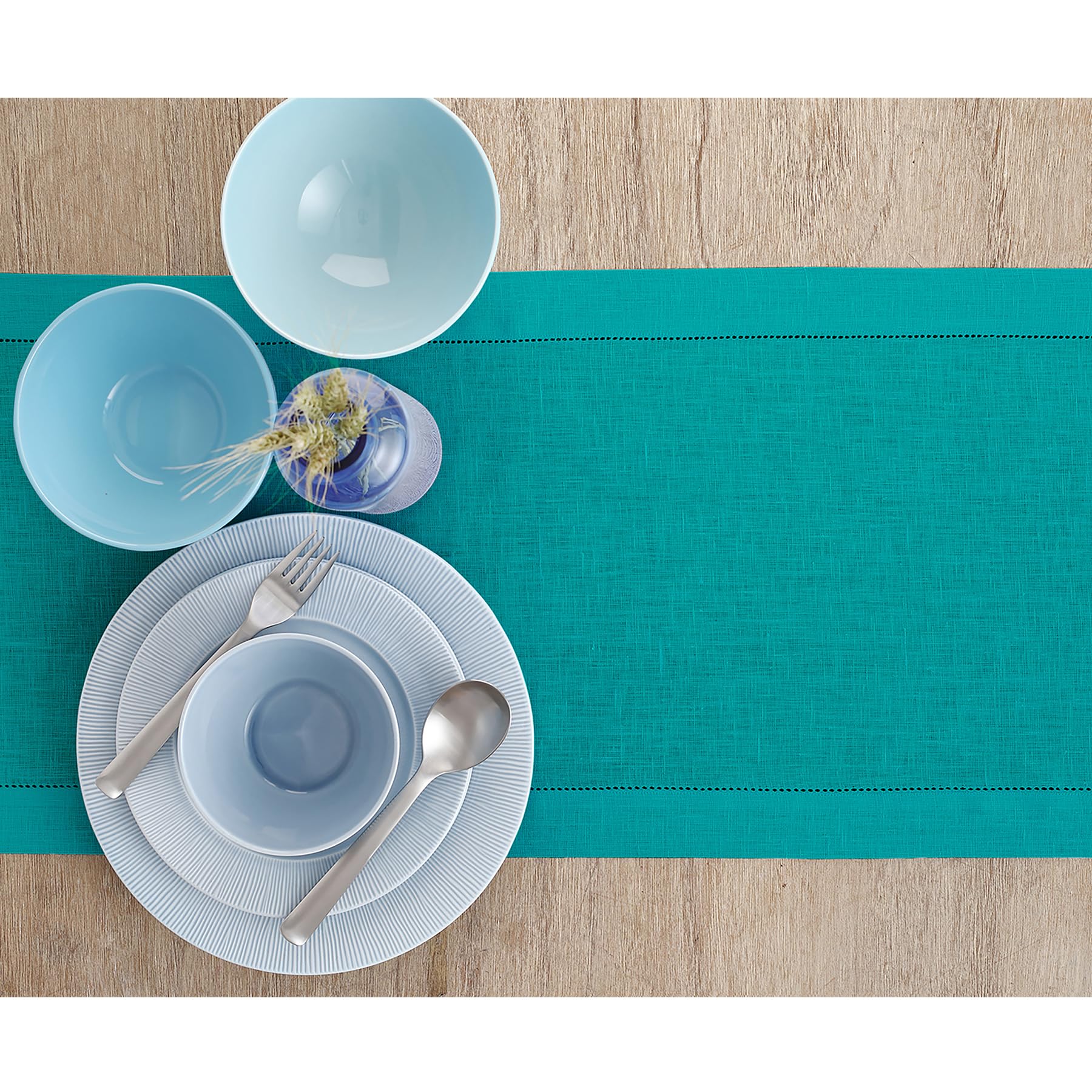Solino Home Teal Linen Table Runner 48 Inch - 100% Pure Linen Classic Hemstitch Table Runner 14 X 48 Inch - Machine Washable Din