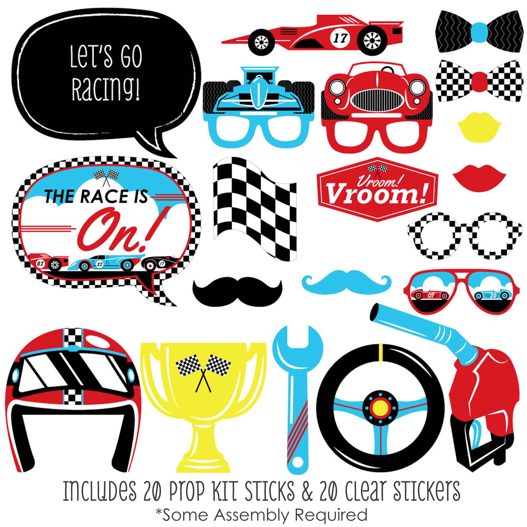 Big Dot of Happiness Lets Go Racing - Racecar - Baby Shower or Race Car Birthday Party Photo Booth Props Kit - 20 Count