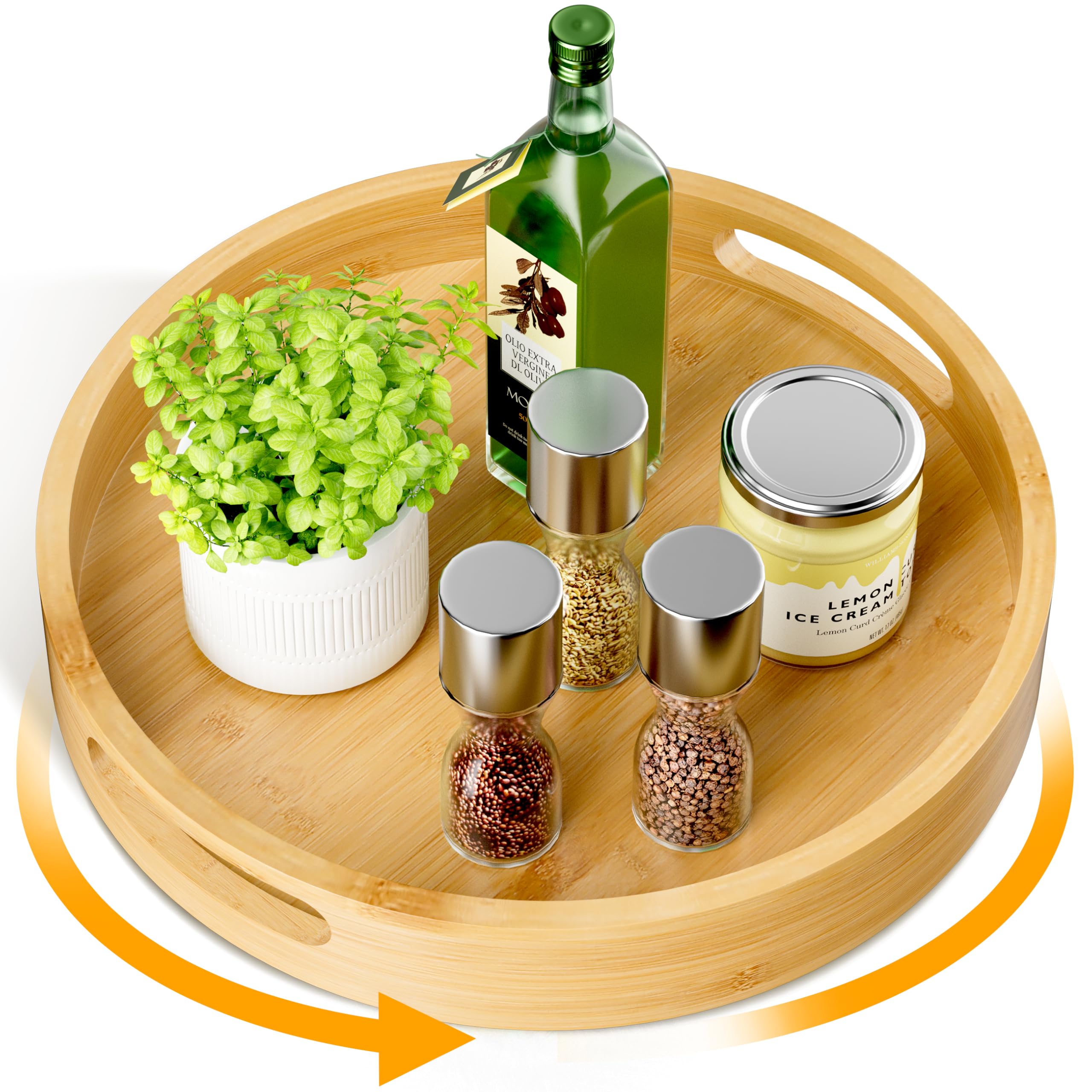 Homerays 12 Inch Lazy Susan Organizer  Kitchen Rotating Spice Rack  Bamboo Lazy Susan with Double Handles for Kitchen Cabinet (Bamboo  Medium)