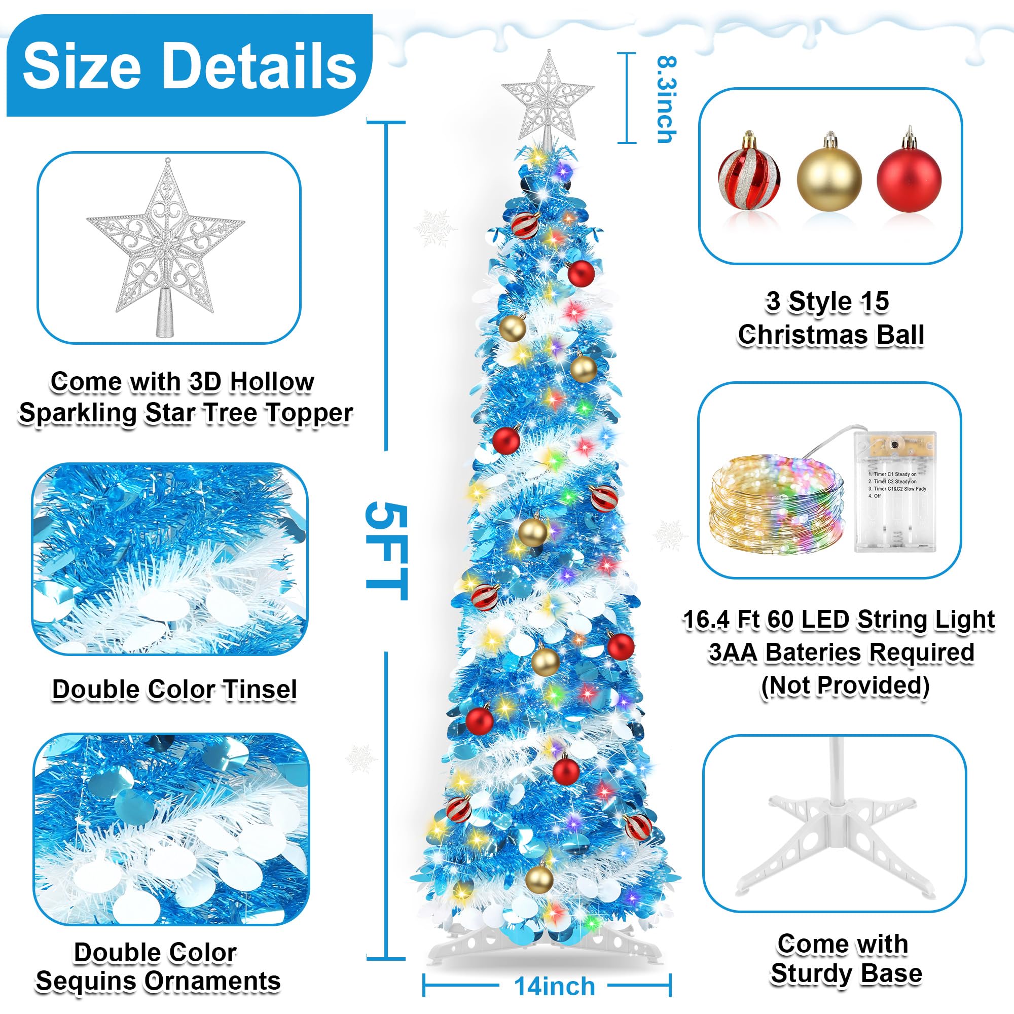 5FT Pop Up Christmas Tree with Timer 60 Warm White & Multi Color Fairy Light 3D Star 15 Ball Ornament, Blue White Tinsel Christm