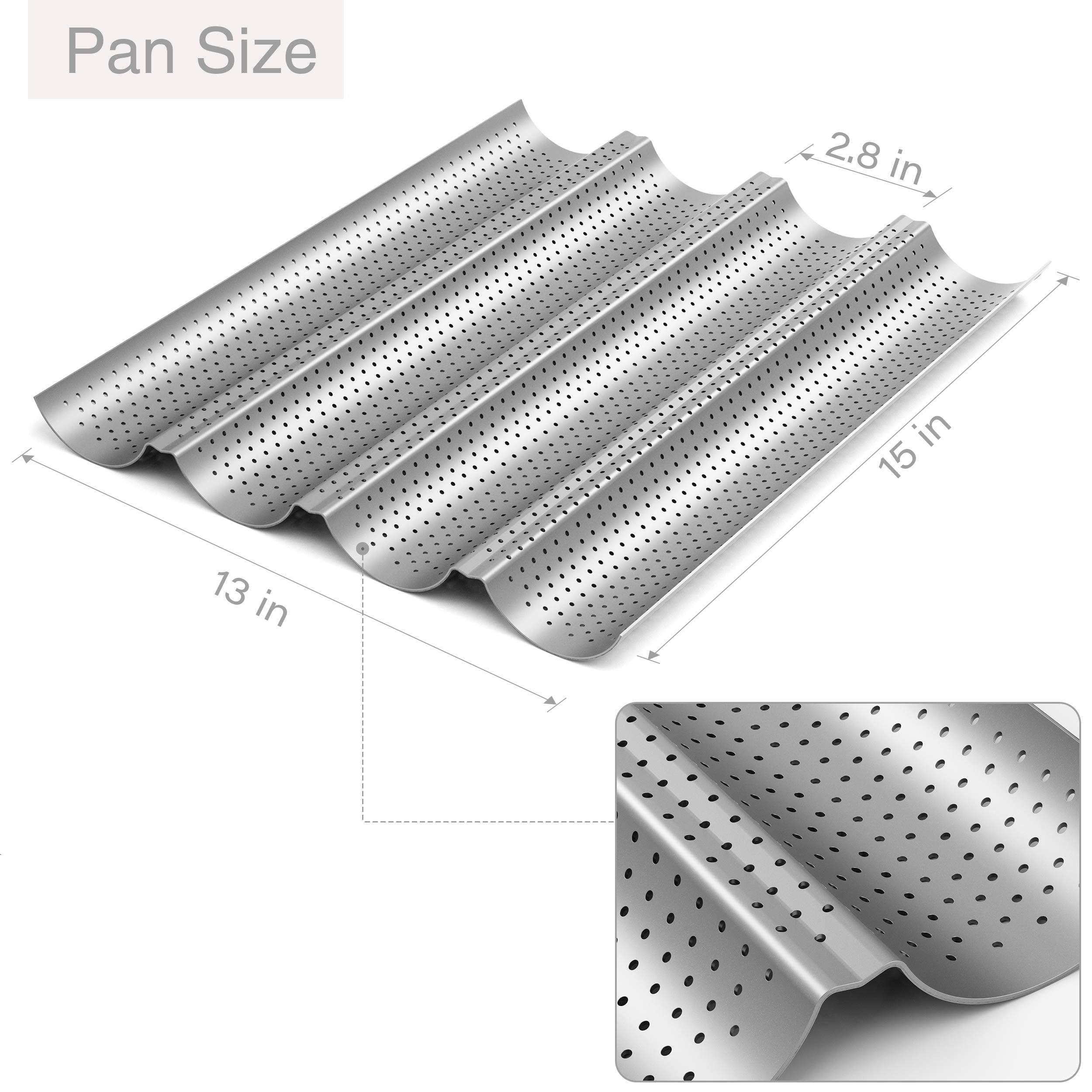 2 Pack Nonstick Perforated Baguette Pan 15'' X 13'' For French Bread Baking 4 Wave Loaves Loaf Bake Mold Oven Toaster Pan (Silve