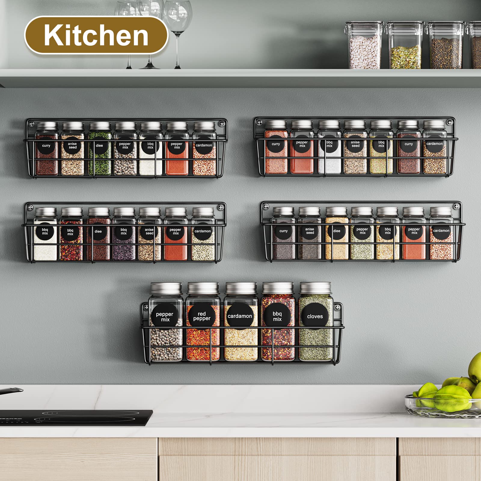 Mystozer 5 Pack Spice Rack Seasoning Organizer Wall Mount, Screw or Adhesive Hanging Shelf Basket Spice Organizer Shelf for Kitc