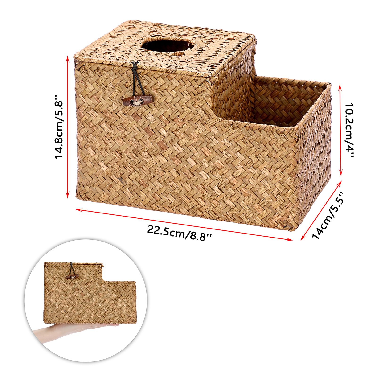 Sumnacon Square Woven Tissue Box Cover - Decorative Cube Tissue Box With Side Organizer, Rustic Seagrass Tissue Holder For Livin