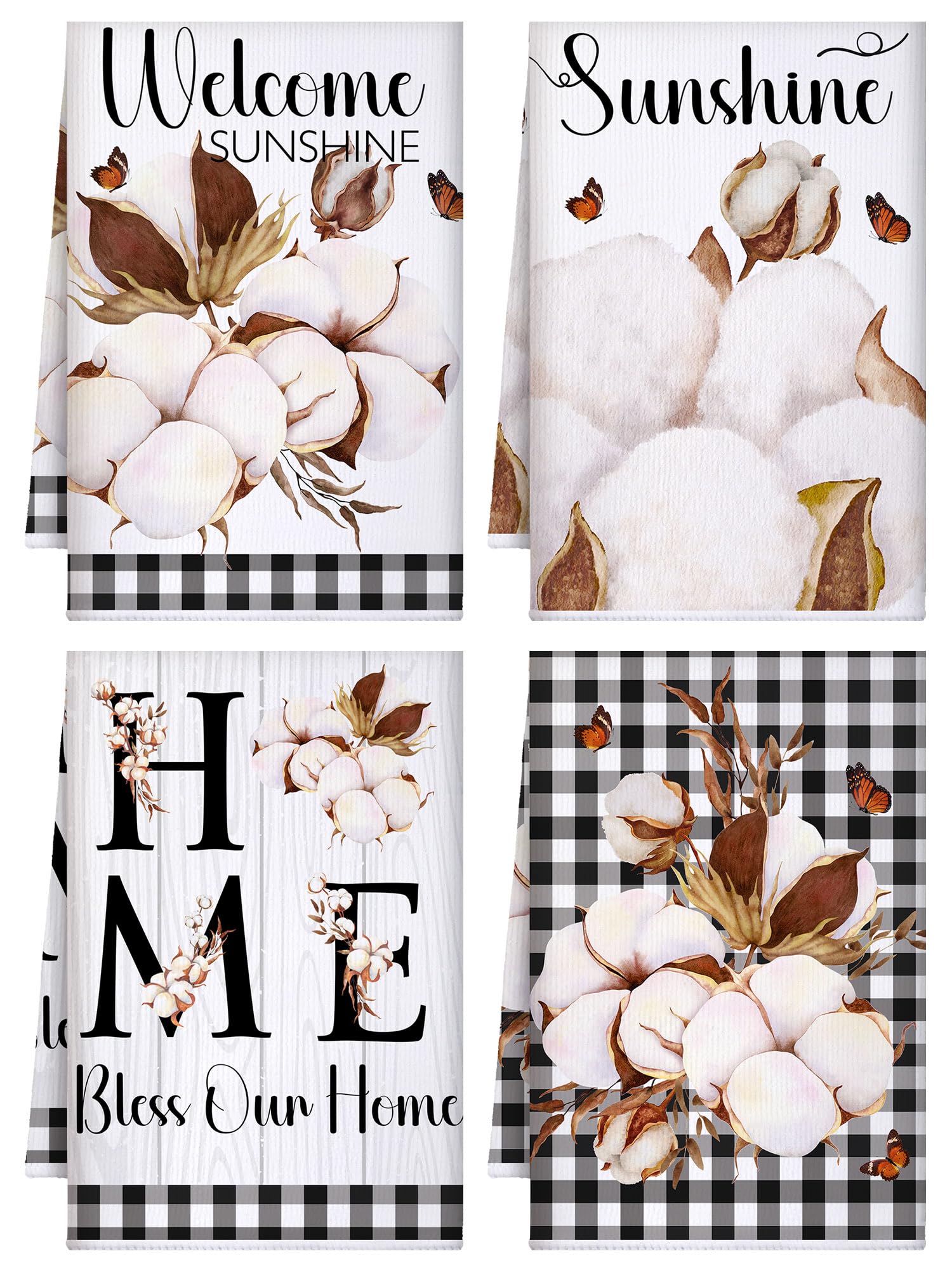 Bencailor 4 Pcs Farmhouse Rustic Kitchen Towels Farm Cotton Hand Dish Towels Black and White Plaid Neutral Fast Drying Decor Hou