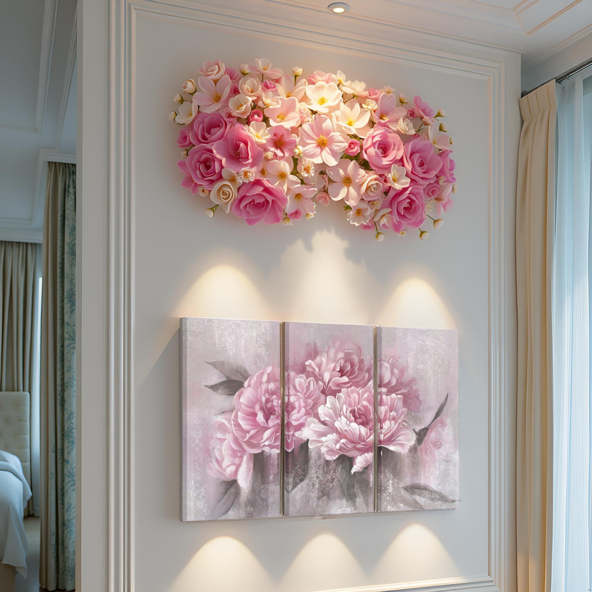 sechars 3 Piece Flower Wall Art Canvas Pink Peony Floral Painting Picture Vintage Blossom Art Prints for Living Room Girl Bedroom Decor for Living Framed Ready to Hang Each Piece 16x32inch