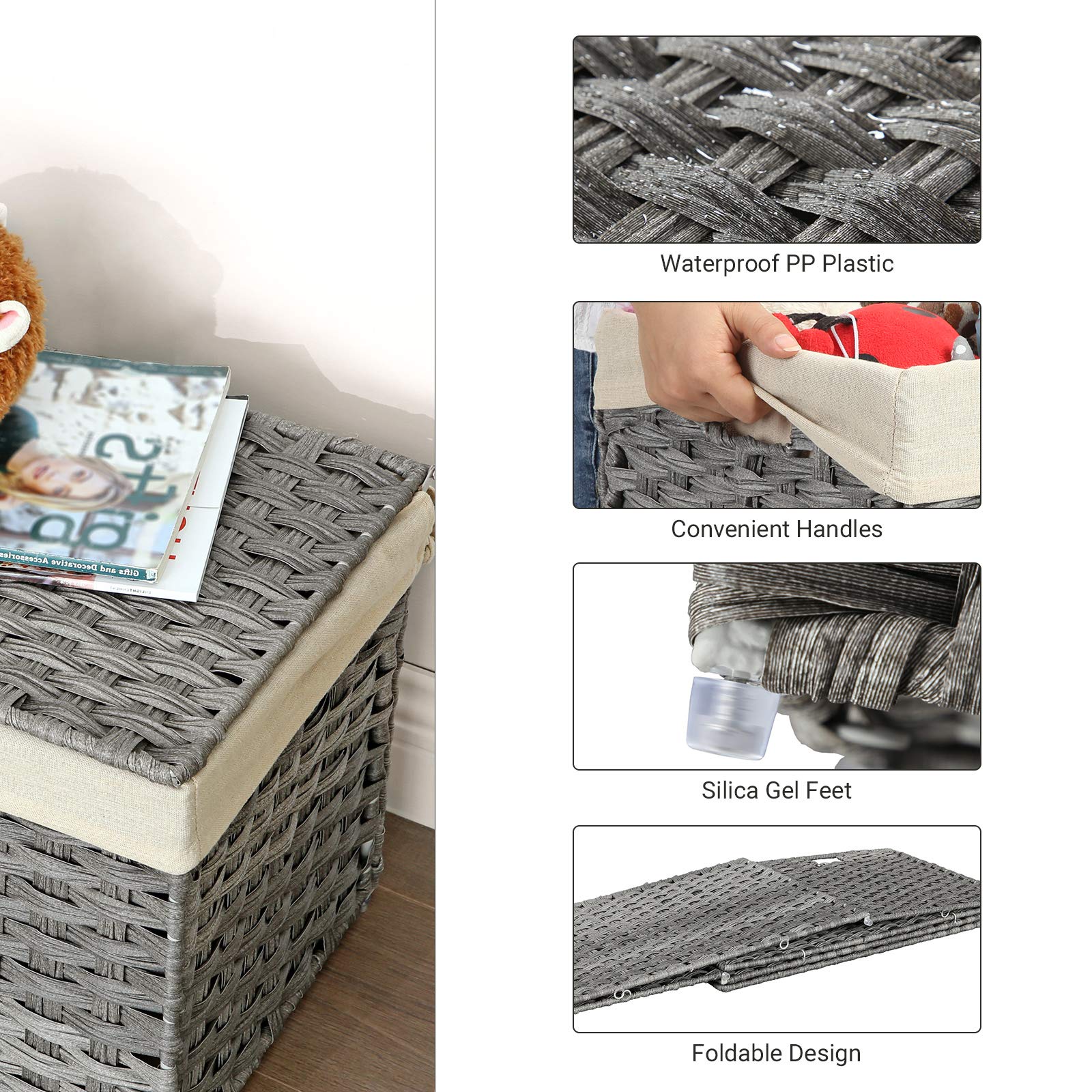 SONGMICS Storage Basket with Lid  Rattan-Style Storage Trunk with Cotton Liner and Handles  for Bedroom Closet Laundry Room  21.9 x 13.4 x 13.4 Inches  Gray URST56WG