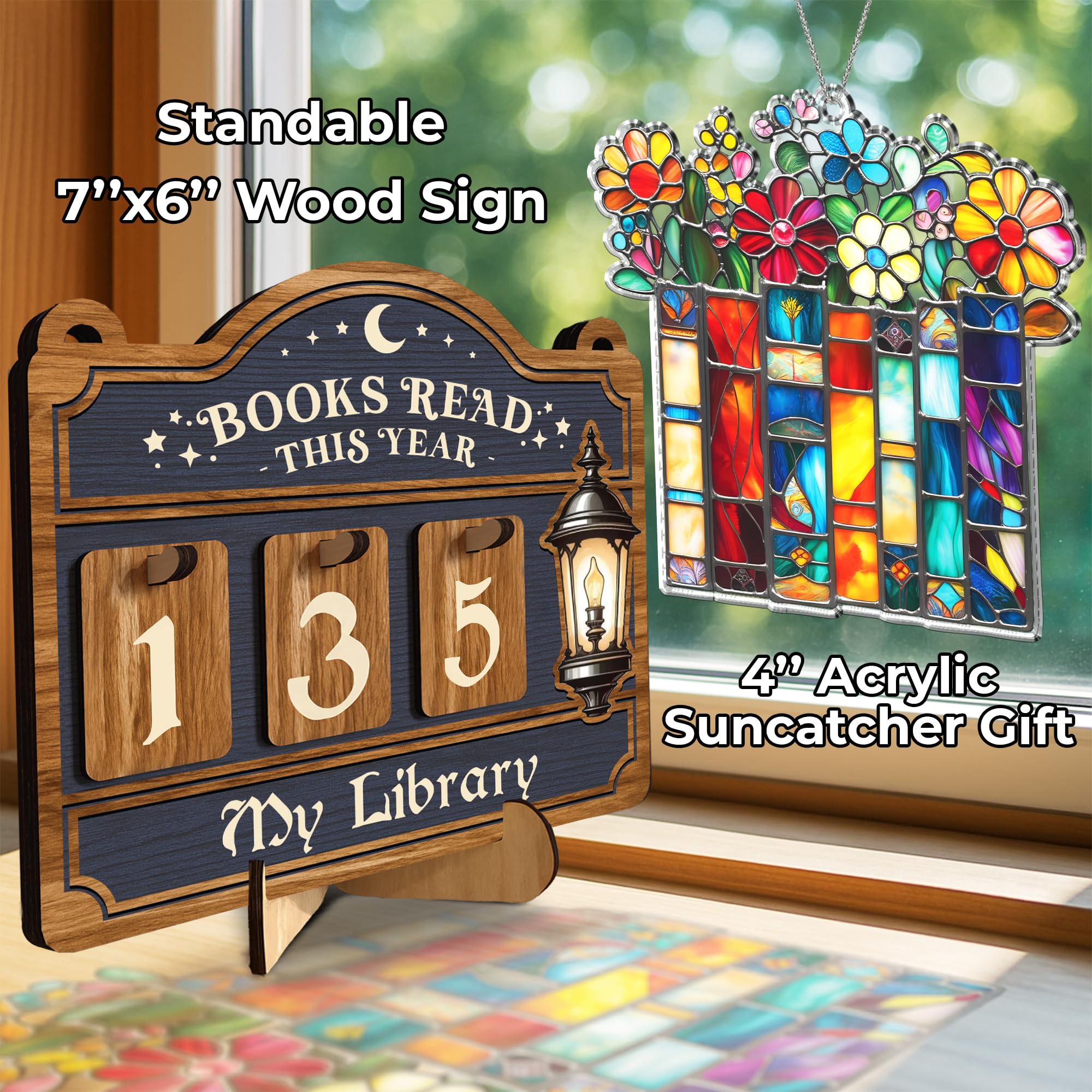 Books Read This Year Counter, Reading Tracker Sign for Home Library Decor, Book Suncatcher Ornament, Book Lover Gift for Librari