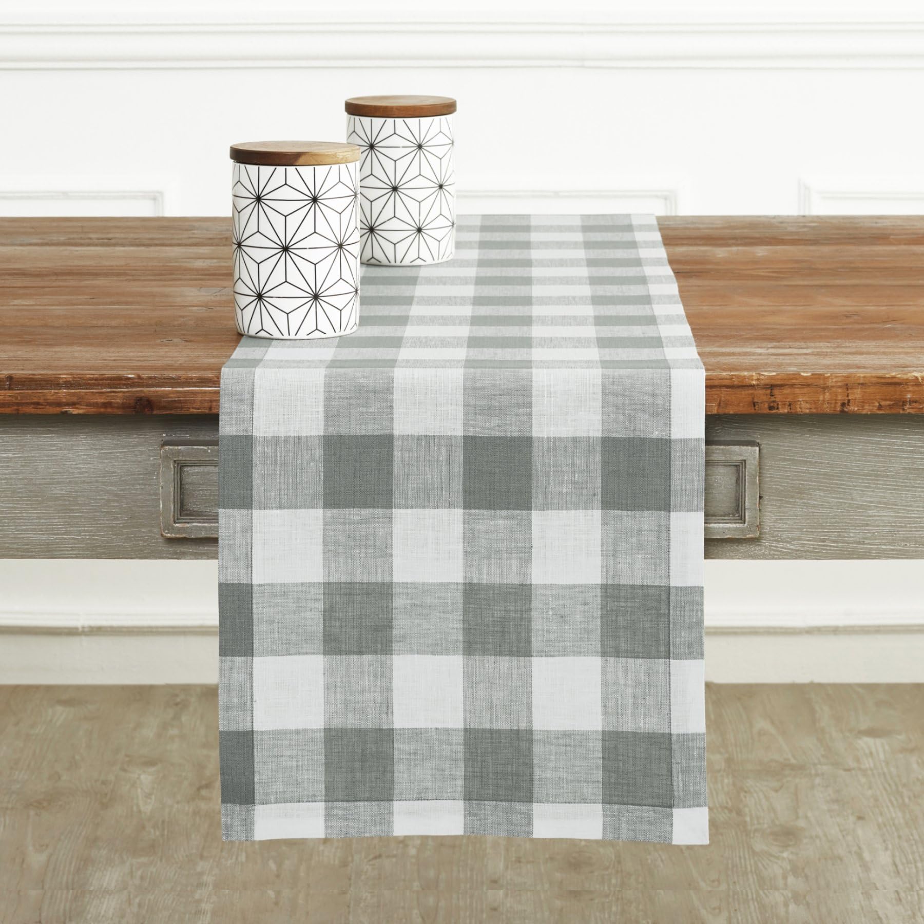 Solino Home Linen Buffalo Check Table Runner 72 inches Long - 100% Pure Linen Buffalo Plaid Grey and White Table Runner 14 x 72 Inch - Dresser Scarf Dining Table Runner for Christmas  Winter