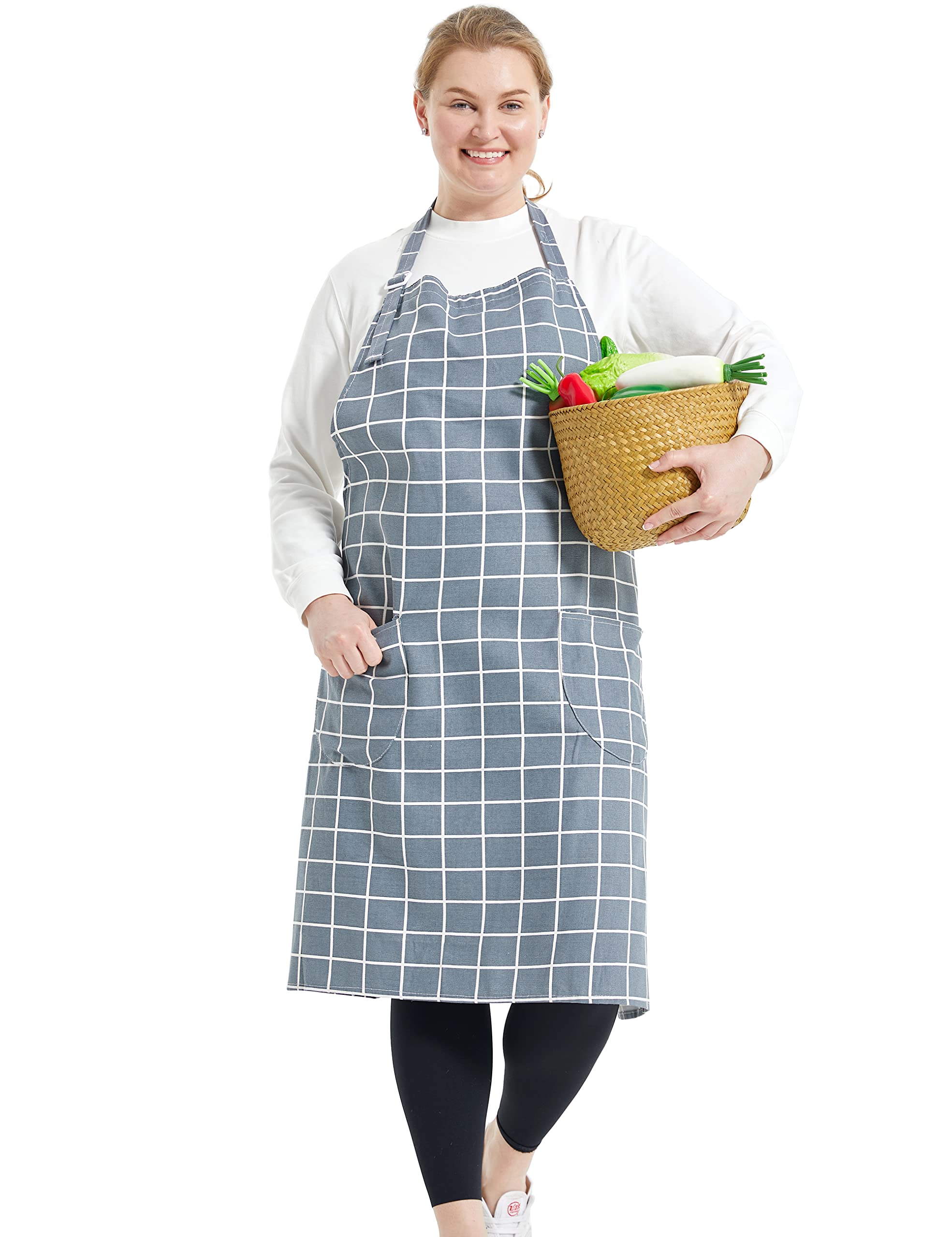 Apronner Cotton Linen Baking Plus Size Aprons For Women With Pockets Kitchen Cooking Grey Grid