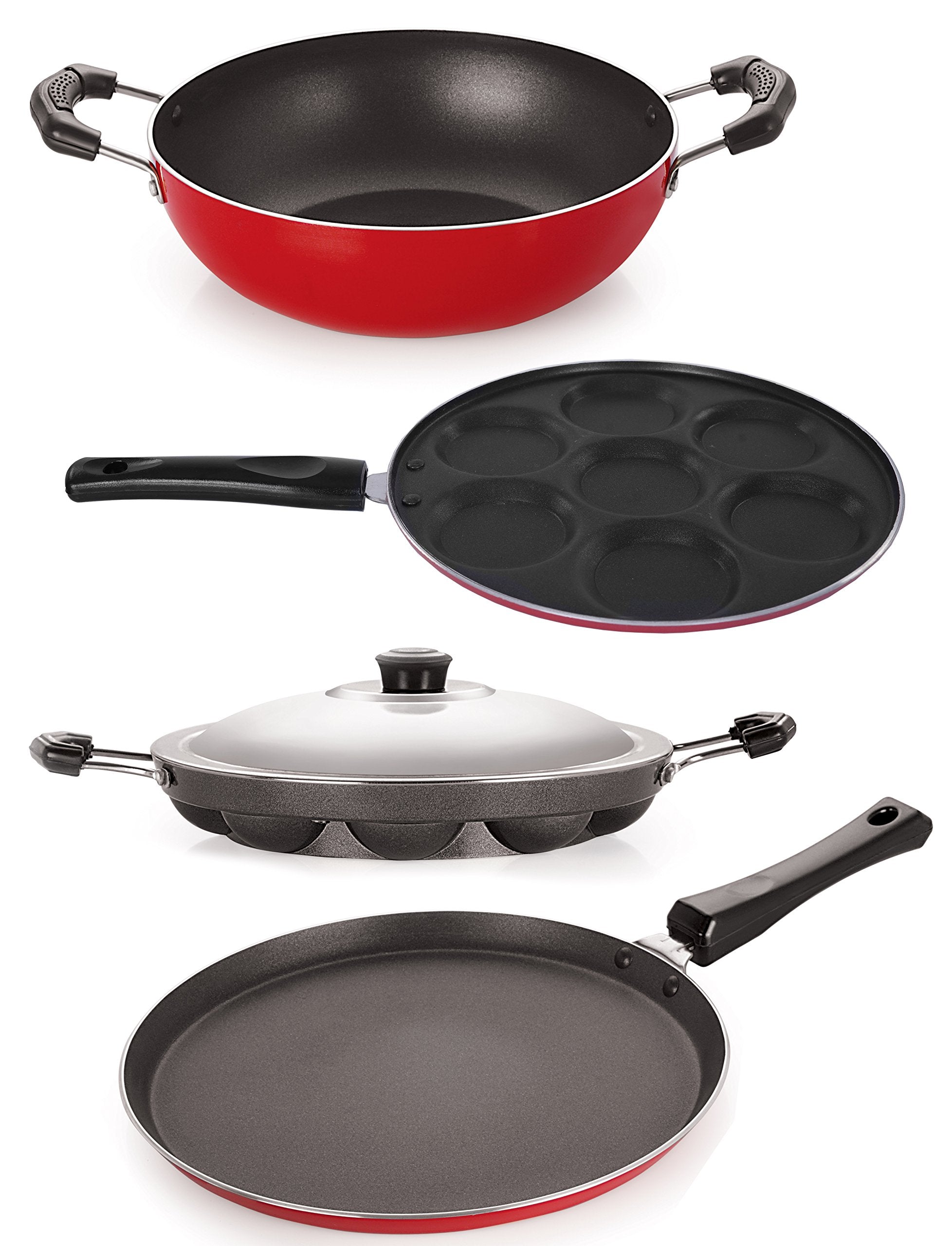 Nirlon NonStick Aluminium Cookware Combo Essential Gift Set Offer, 4Pieces, Red & Black