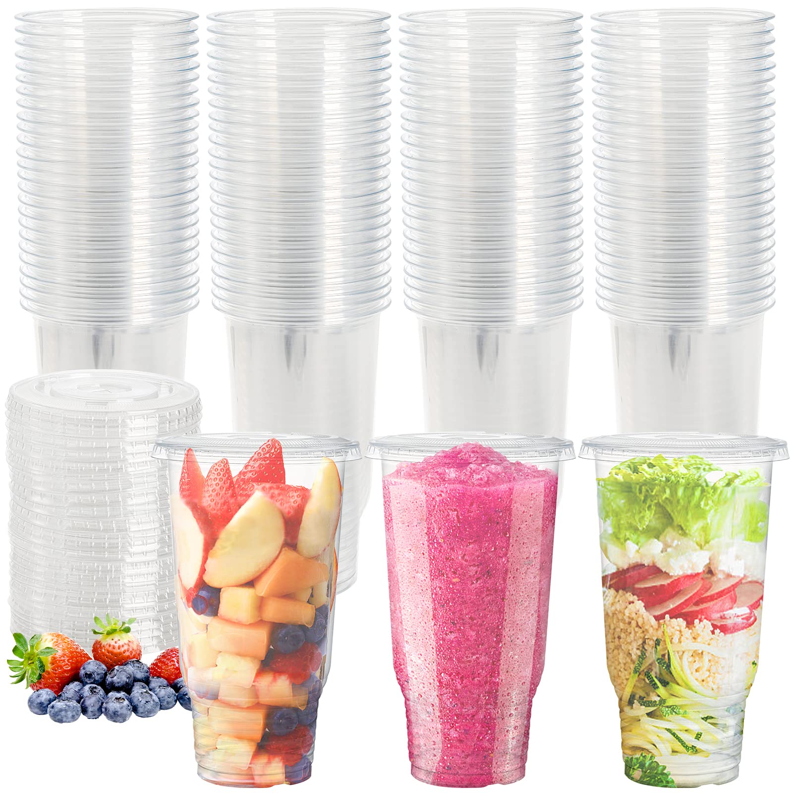 Topzea 50 Pack Clear Plastic Cup With Flat Lid For Iced Coffee, 32Oz Pe Plastic Drinking Cup, Large Disposable Parfait Fruit Cup