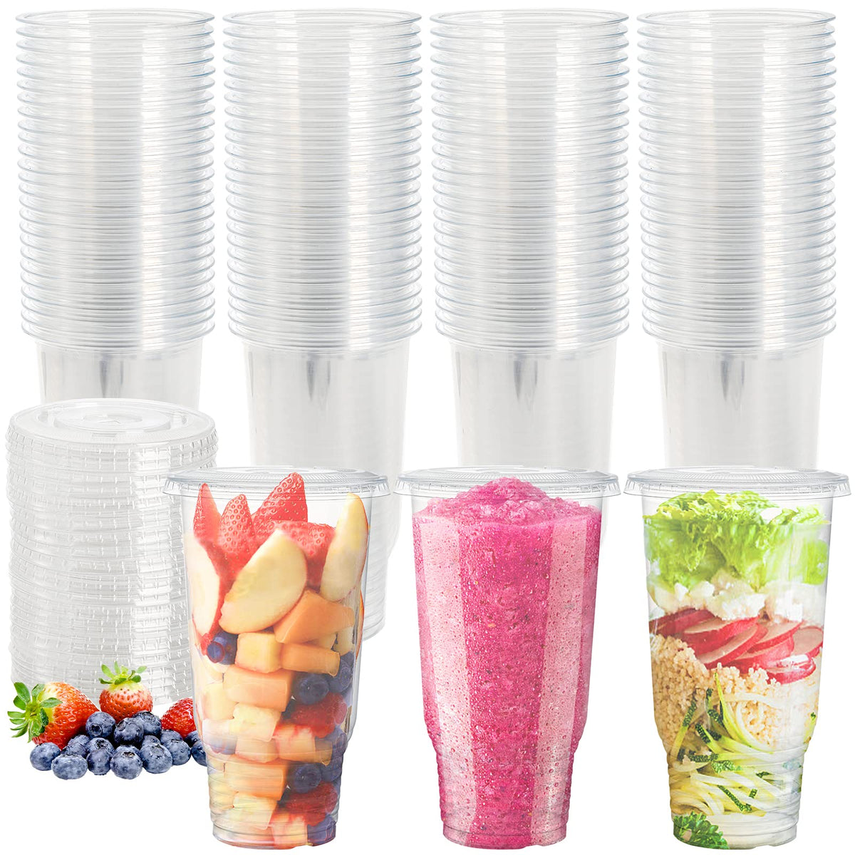 Topzea 50 Pack Clear Plastic Cup With Flat Lid For Iced Coffee, 32Oz Pe Plastic Drinking Cup, Large Disposable Parfait Fruit Cup