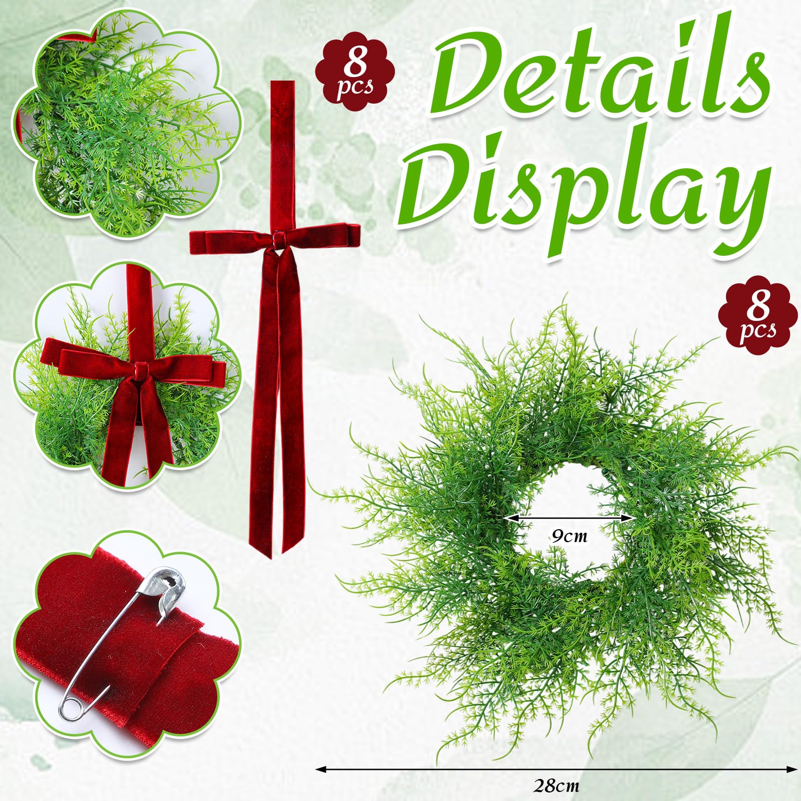 XunYee 8 Pack Small Christmas Wreath for Cabinet Home Kitchen Whimsical Decor with Velvet Bow 11 Persian Grass Lime Green Green