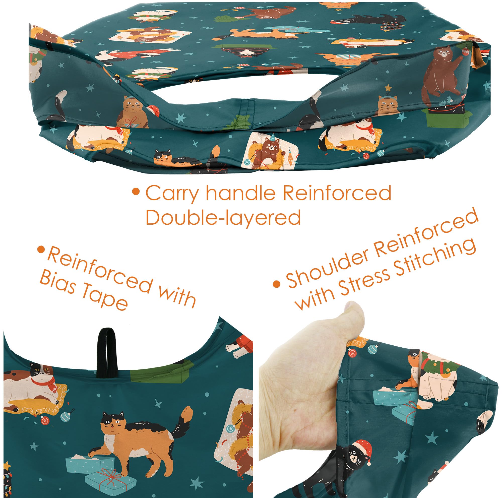 BeeGreen Christmas Cats Reusable Grocery Bags 6 Pack Cats Reusable Shopping Bags Bulk with Elastic Band Foldable-Machine Washabl