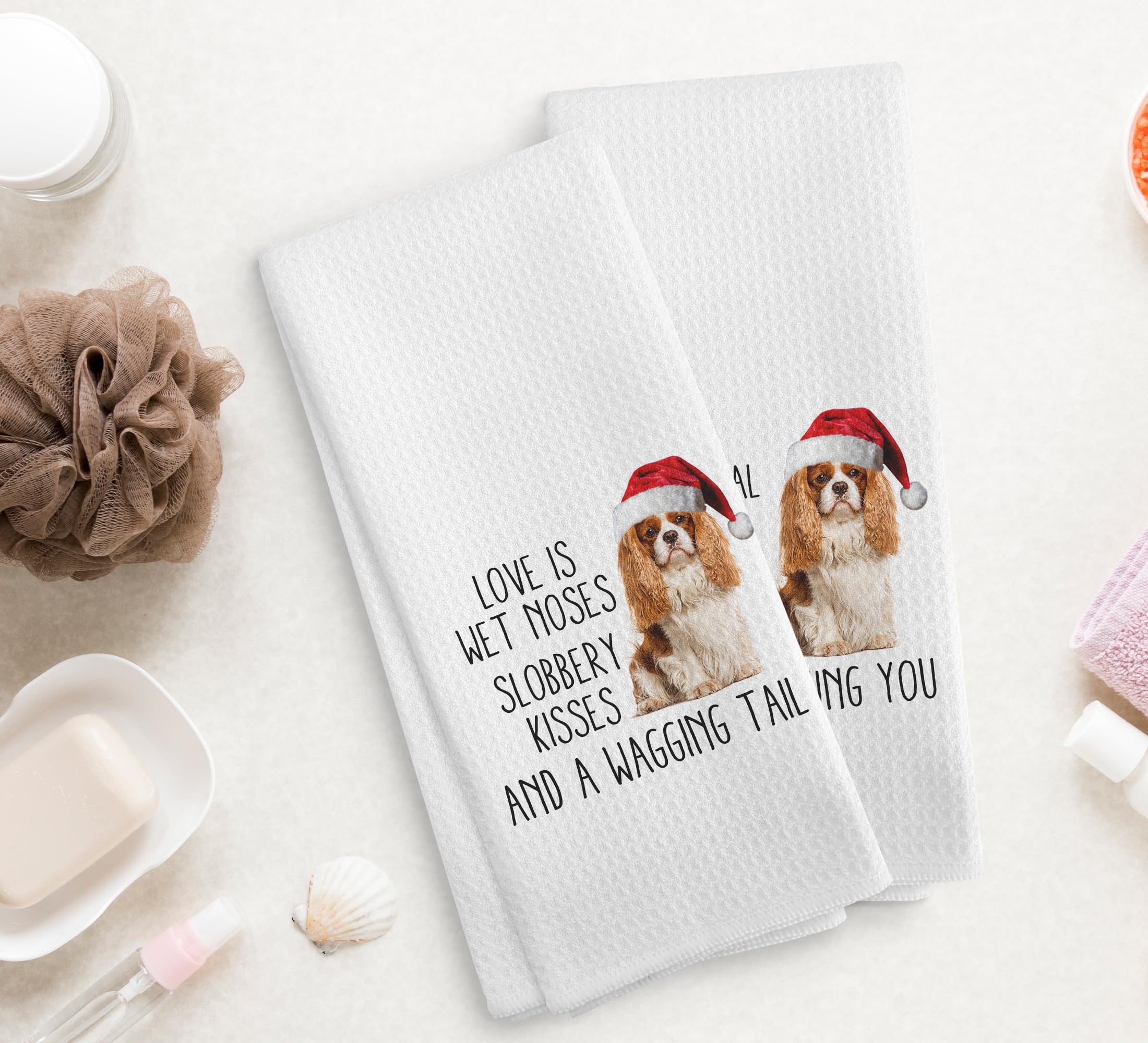 NOQL Christmas Cavalier King Charles Spaniel Dog Kitchen Towels and Dishcloths Set of 2, Christmas Dish Towels, Spaniel Gifts, 1