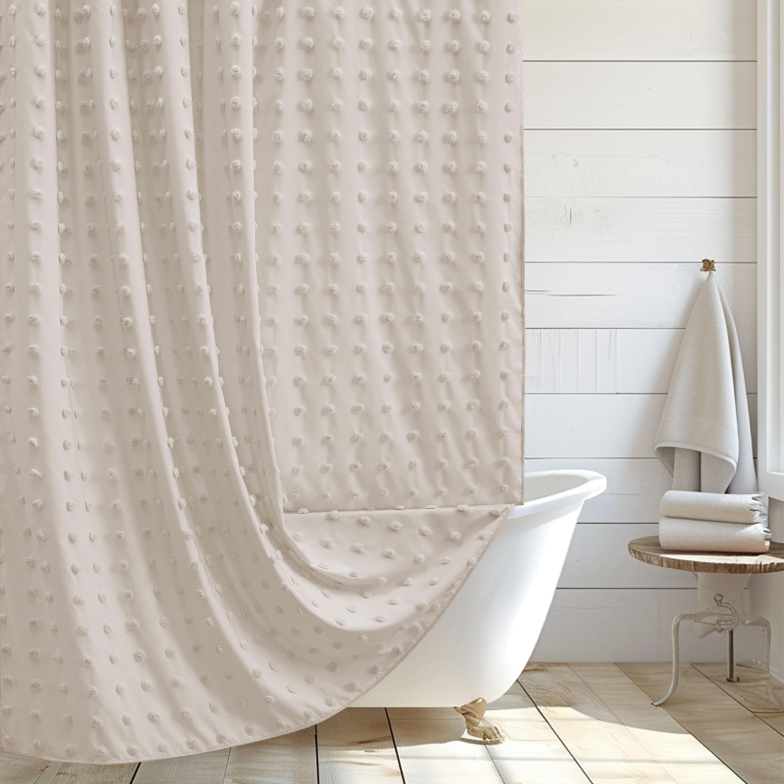 Extra Long Boho Farmhouse Shower Curtain Woven Fabric Natural Shower Curtain, 72 X 78 Tufted Pleat Floral Puffs Textured Modern