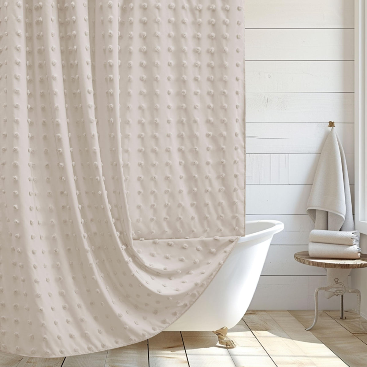 Siiluminisoy Boho Farmhouse Natural Shower Curtain Woven Fabric Shower Curtain, 72 X 72 Tufted Pleat Floral Puffs Textured Moder