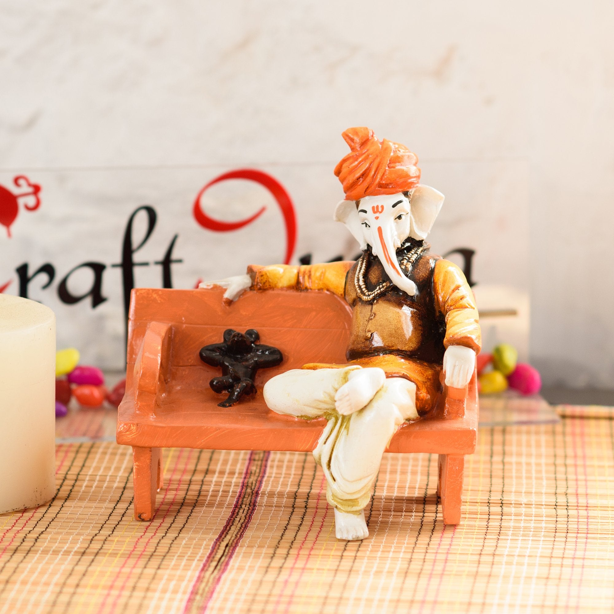 Ecraftindia Polyresin Lord Sitting Ganesha Statue (15.01 Cm X 13 Cm X 18 Cm, Orange And Cream)