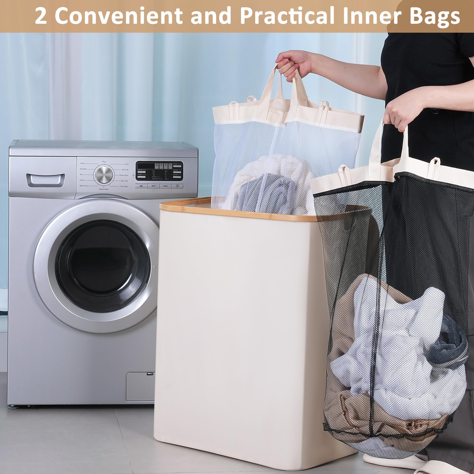 iEGrow 150L Laundry Basket with Lid  Large Laundry Hamper with Bamboo Handle  Collapsible Dirty Clothes Hamper Organizer with Removable Inner Bag for Clothes Toys Towels - Beige