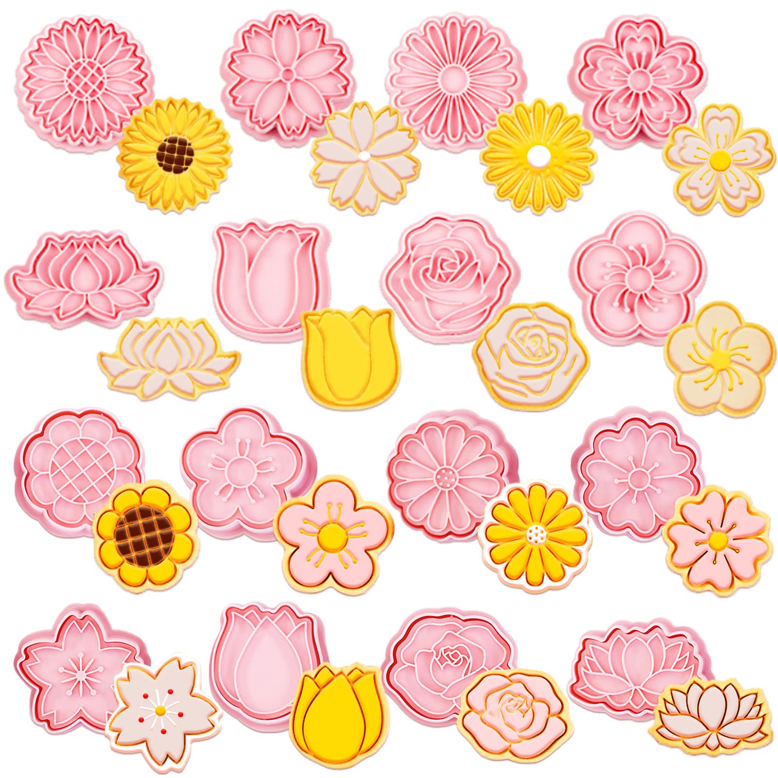 16 Pcs Flower Cookie Cutters Embossing Mini Flower Cookie Stamps Spring Flower Shapes 3D Plastic Cookie Cutters For Kids Fondant