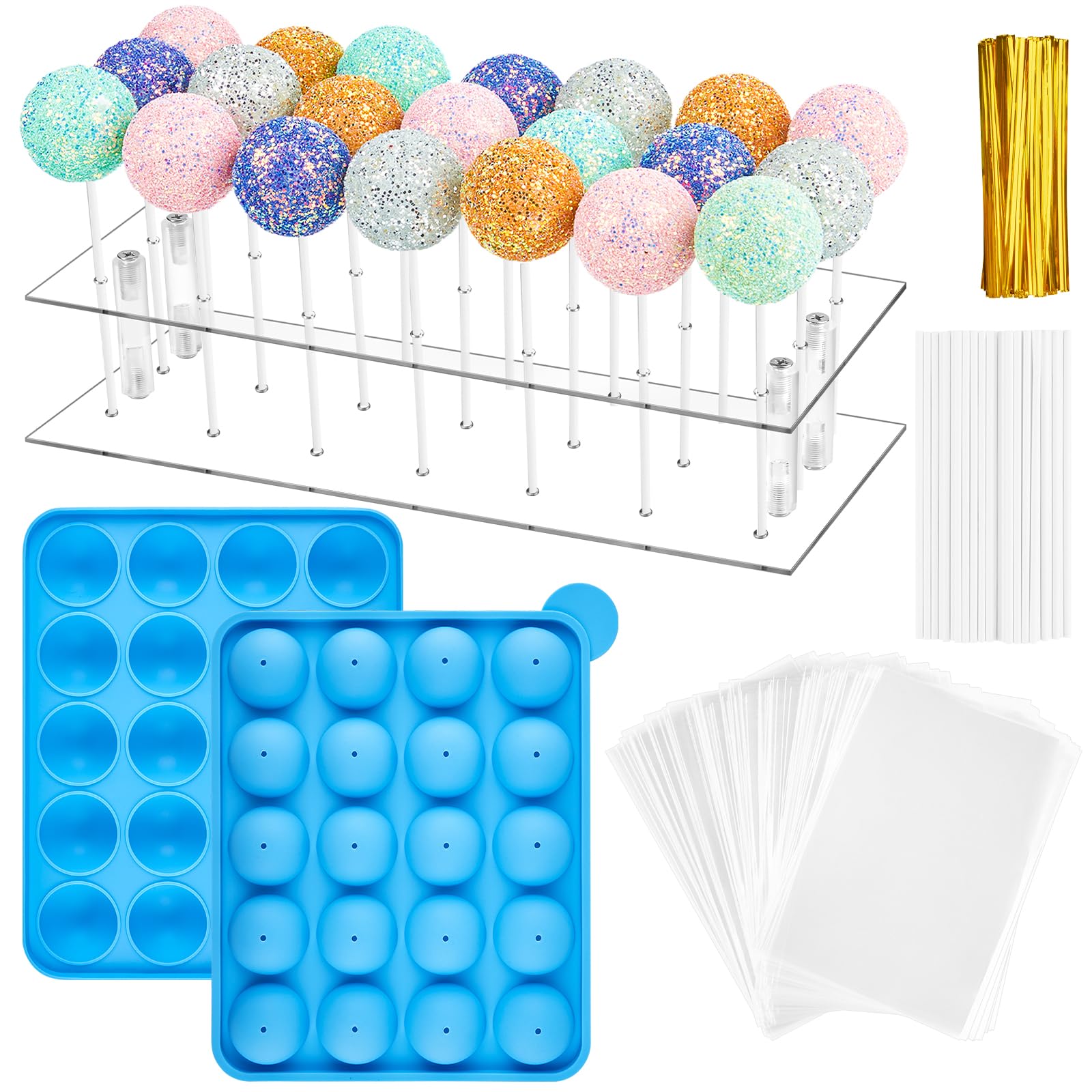 Cake Pop Maker Kit, 21 Hole Clear Acrylic Lollipop Display Stand With 20 Cavity Silicone Cake Pop Mold, 100 Pcs Sticks Treats Ba