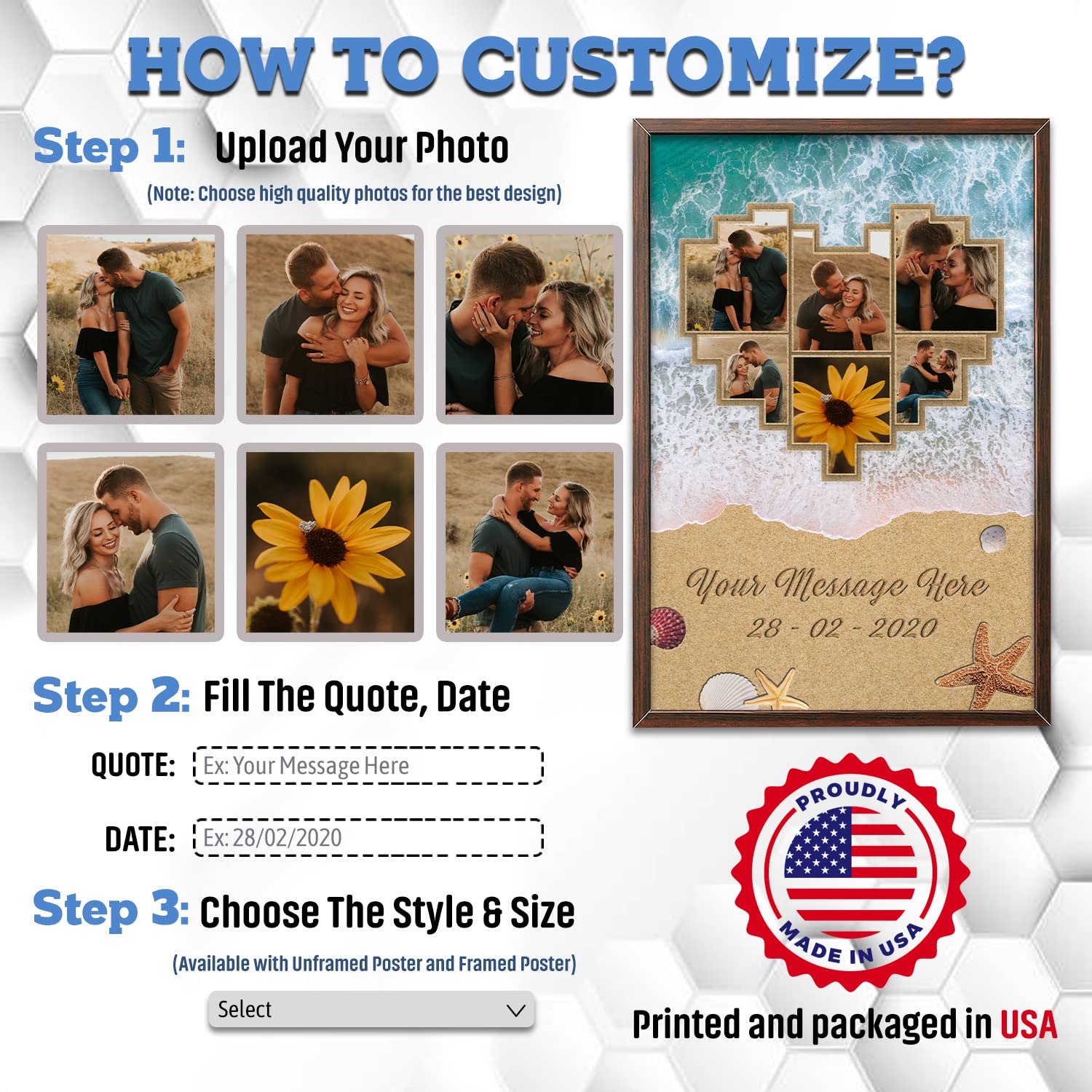 HANIKID Personalized Multi Pictures Collage Canvas Prints Custom Favorite Message Romantic Poster Gifts For Husband Wife Girlfriend Boyfriend Lovers Loved One On Wedding Engagement Printable Posters