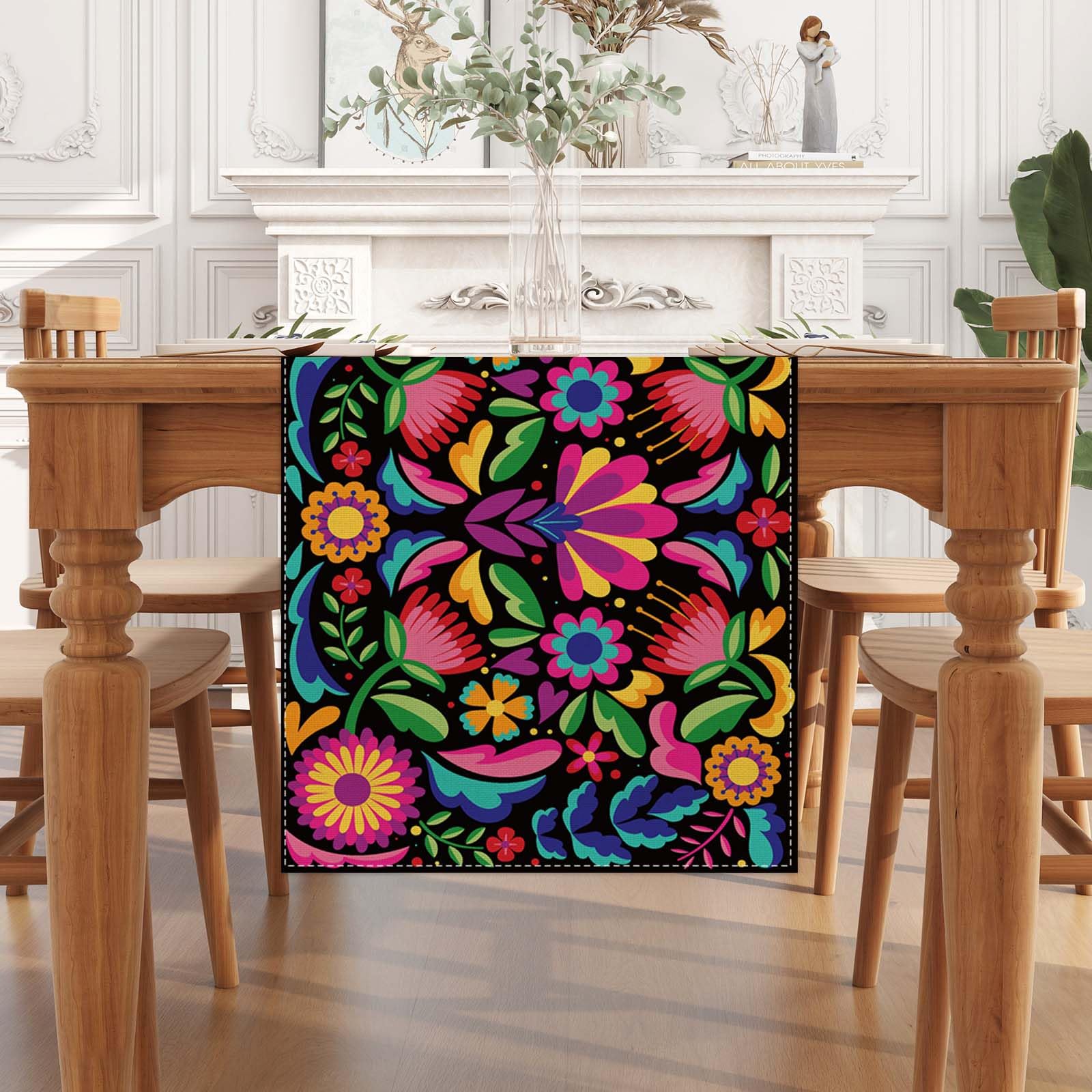 Jiudungs Linen Mexican Fiesta Table Runner, 90" Long, Red, Dia De Los Muertos Decor, Model LYN-1256-90-A