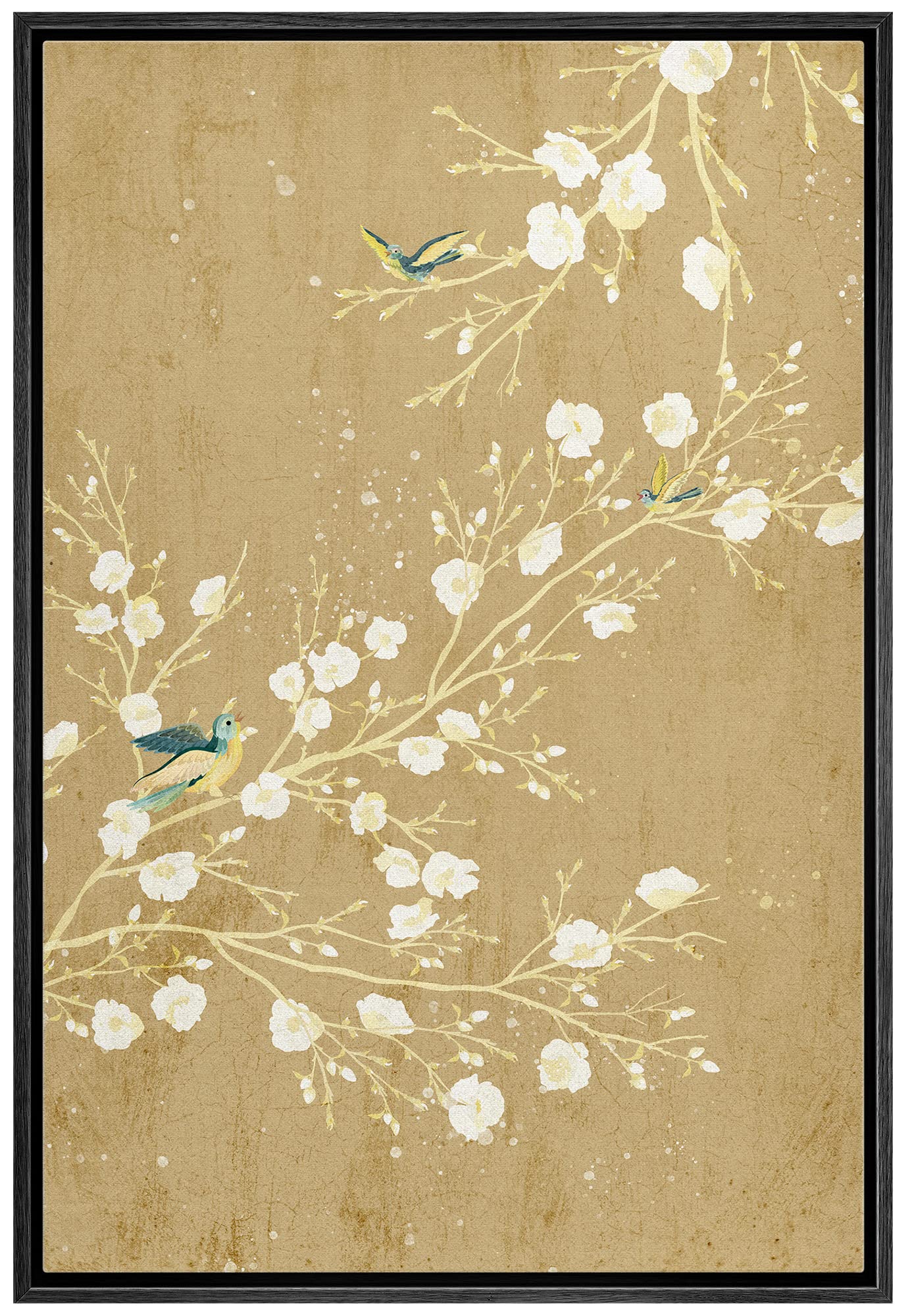 Wall26 Framed Canvas Print Wall Art Pastel Blooming Flower Tree & Birds Nature Wilderness Illustrations Modern Art Decorative Ru