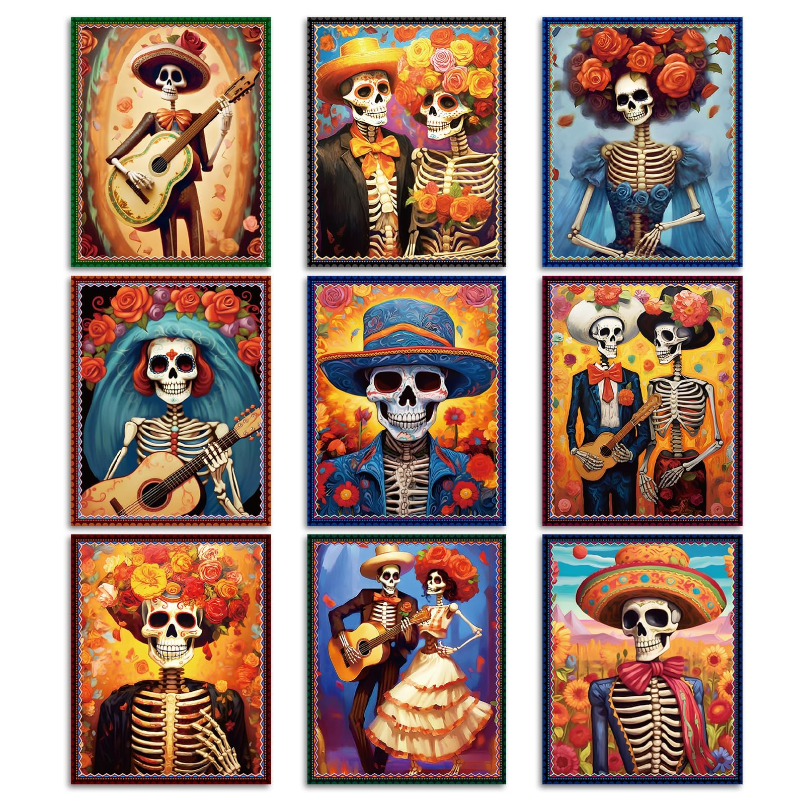 Day of The Dead Poster - 9 Piece Day of the Dead Decorations Sugar Skull Wall Art Sugar Skull Art Print for Mexico Day Day of th