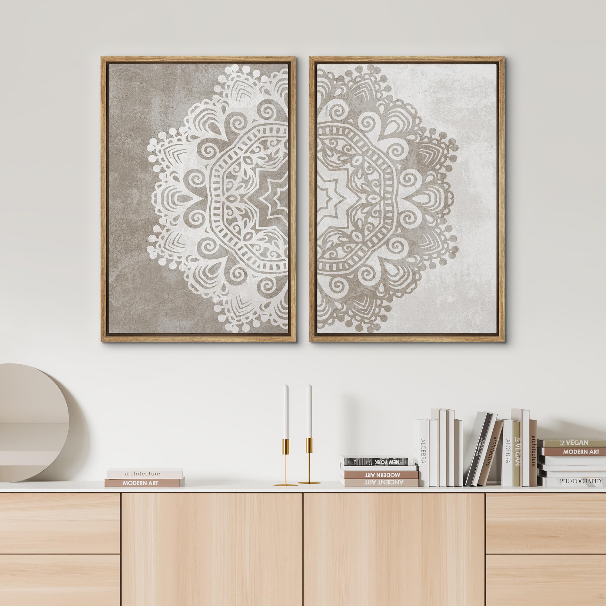 Signwin Framed Canvas Print Wall Art Set Duotone Cultural Indian Mandala Pattern Abstract Shapes Illustrations Modern Art Minima