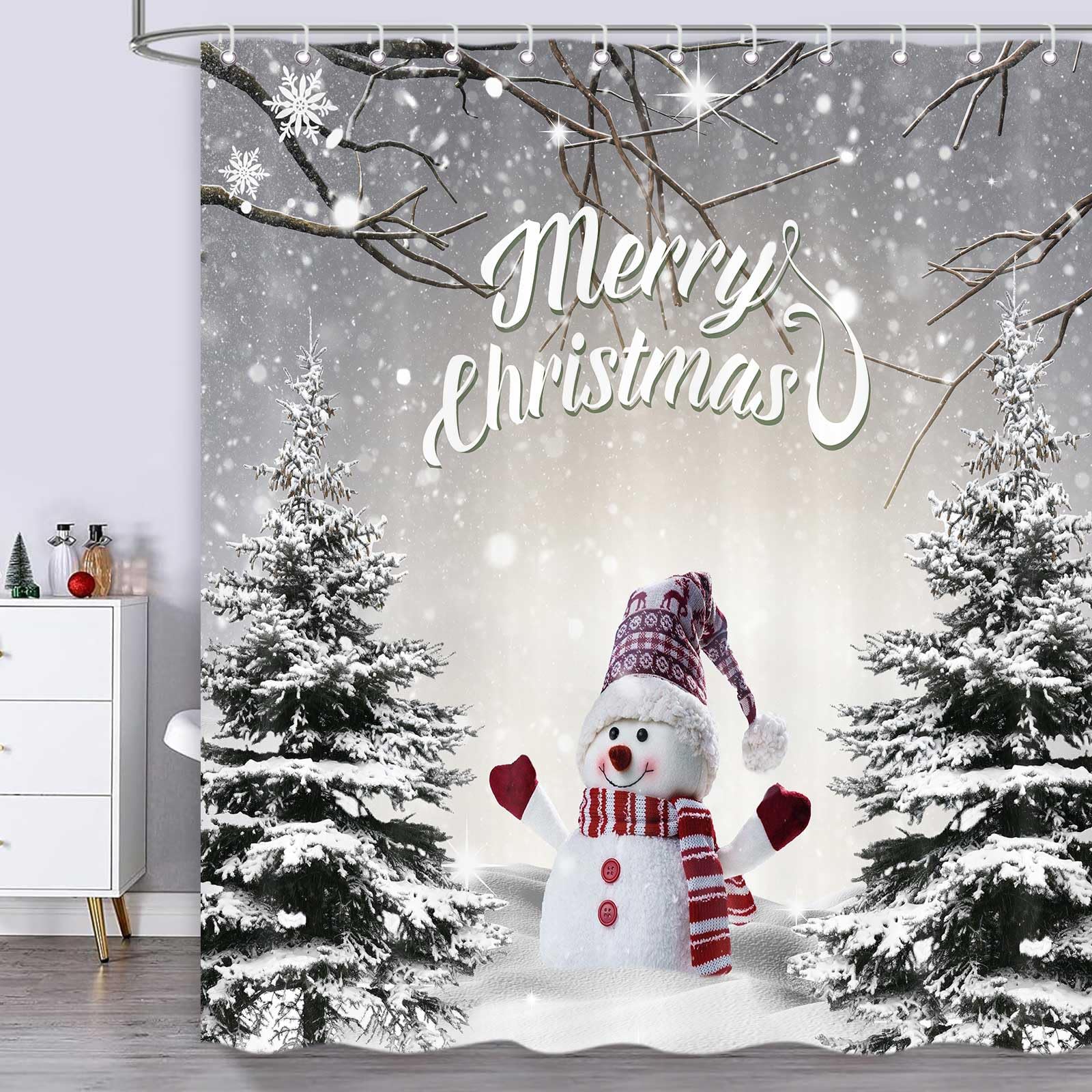 Icteisom Christmas Snowman Shower Curtain, Cute Snowman Snowflake Forest Grey Winter Fabric Shower Curtains For Bathroom, Xmas H