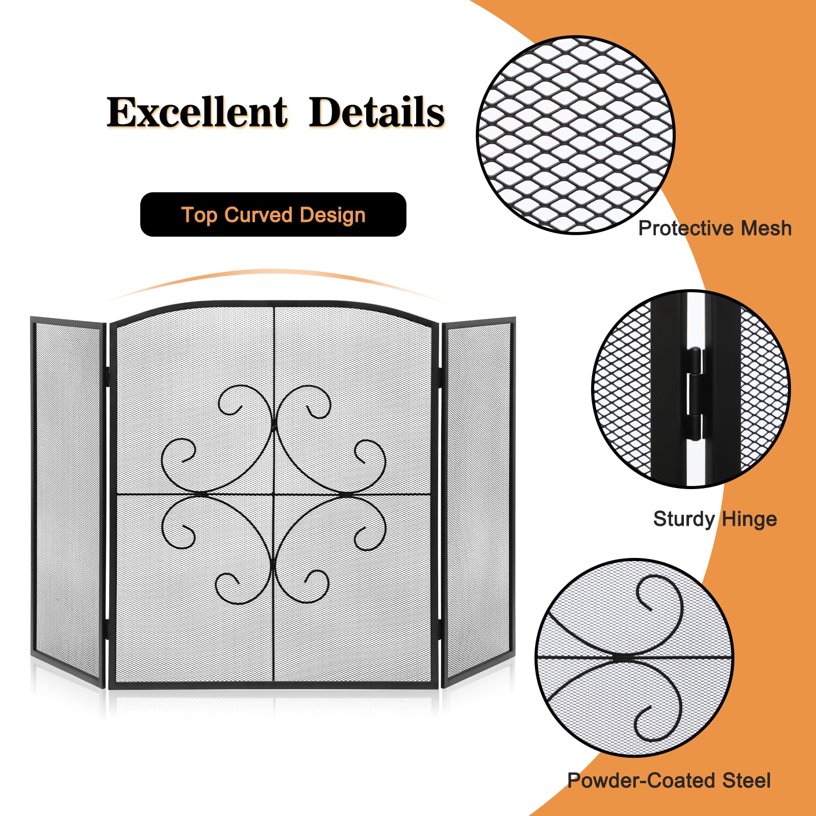 Gtongoko 3 Panel Fireplace Screen 48'' W X 29'' H Wrought Iron Decorative Fire Spark Guard Grate For Living Room Home Decor - Bl