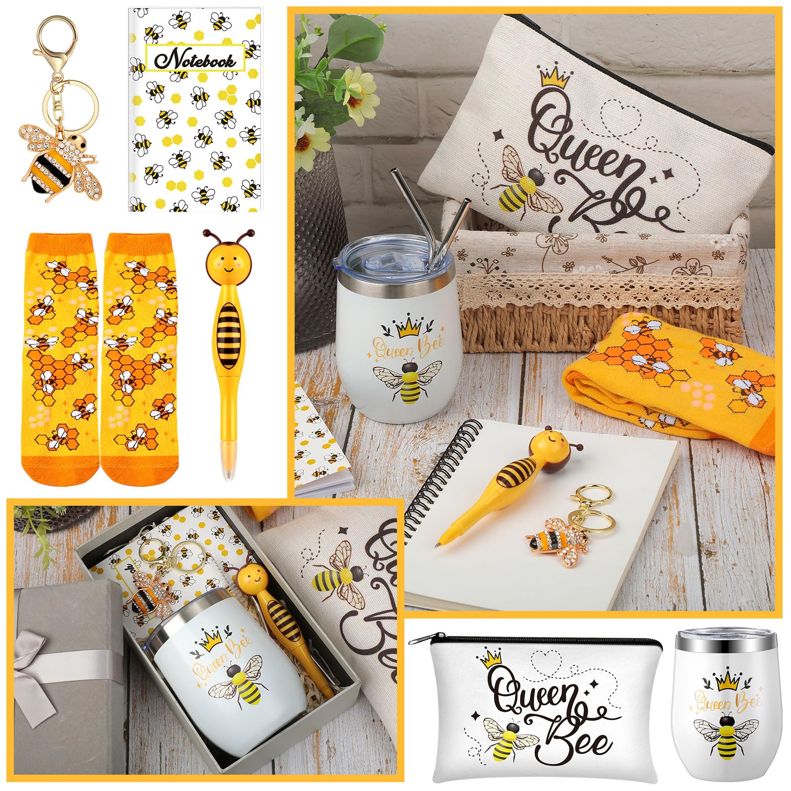 Panitay 6 Pcs Bee Themed Gifts Set For Women Bee Socks Bee Stainless Steel Tumbler 12 Ounce With Straw And Brush Bee Cosmetic Ba