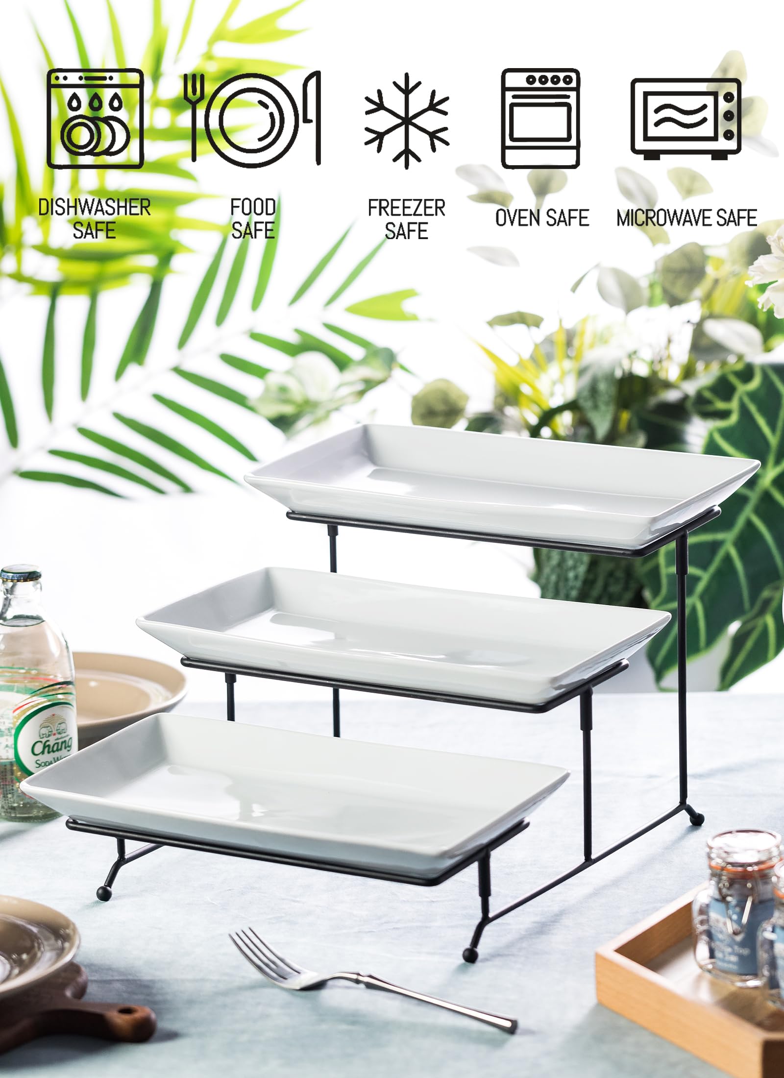Lyeoboh Tiered Serving Stand And Platters Set, Large Tiered Tray Stand, 3 Tier Serving Tray With Collapsible Sturdier Rack, 12 I