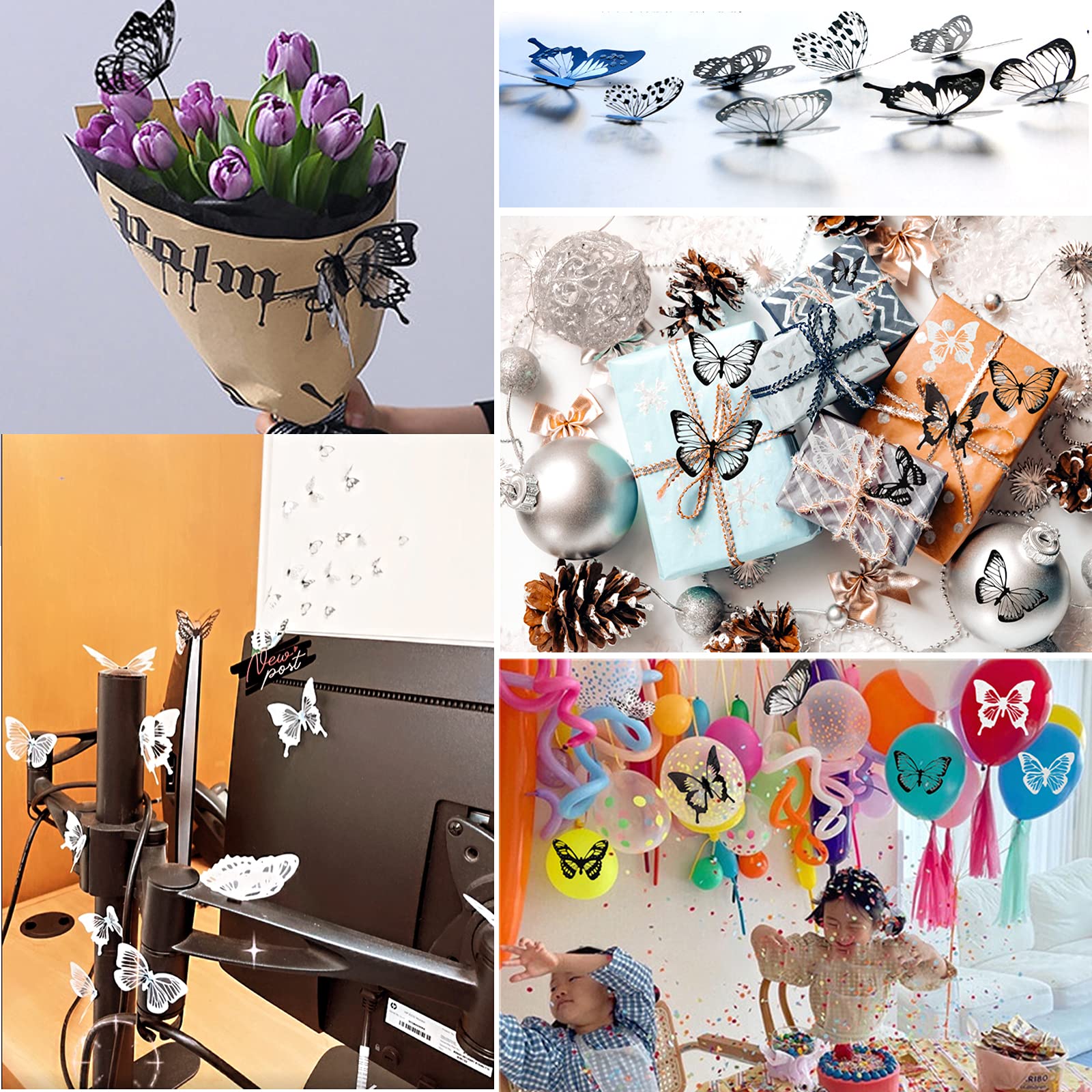 Hzmm 72 Pcs 3D Butterfly Wall Stickers, Waterproof Pvc, Black & White, Removable Paper Decals With Sticky Dots For Window, Furni