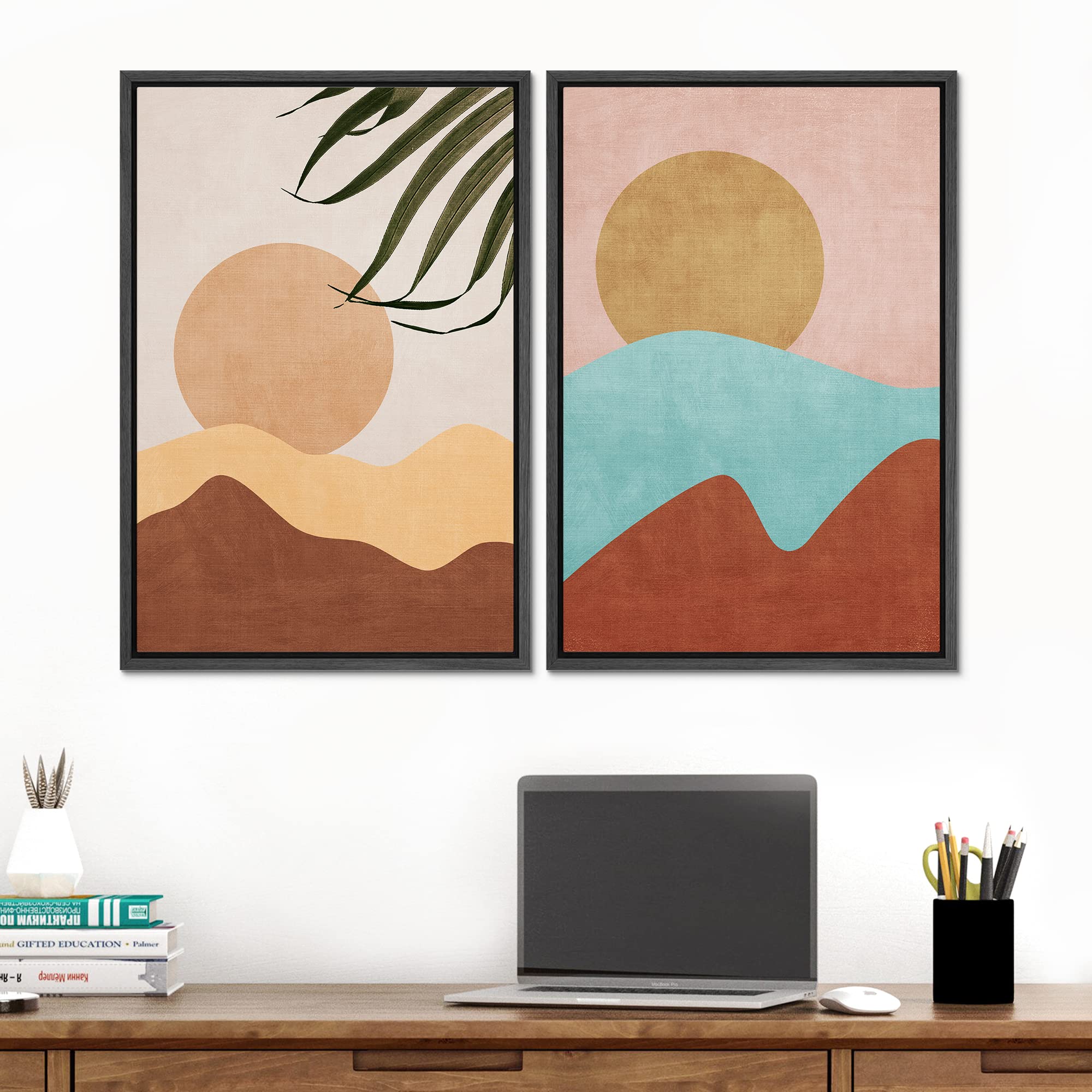 Signford Framed Canvas Print Wall Art Set Vibrant Retro Mid-Century Mountains Abstract Shapes Illustrations Modern Art Decorativ