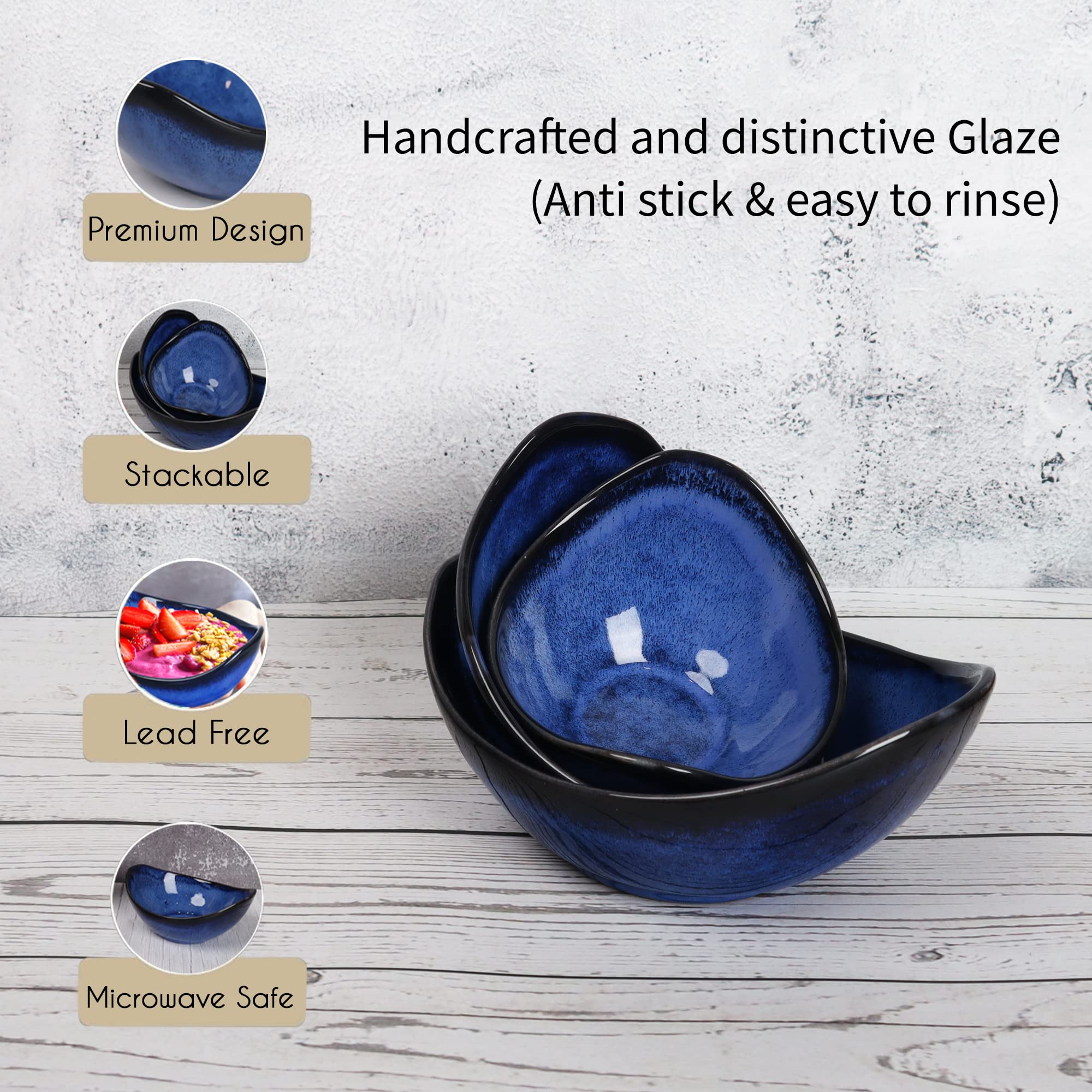 SKOBELOFF Blue Ceramic Serving Bowls For Cookies, Dry Fruits, Sweets And Other Snacks Platter Set Of 3, 1000 milliliter