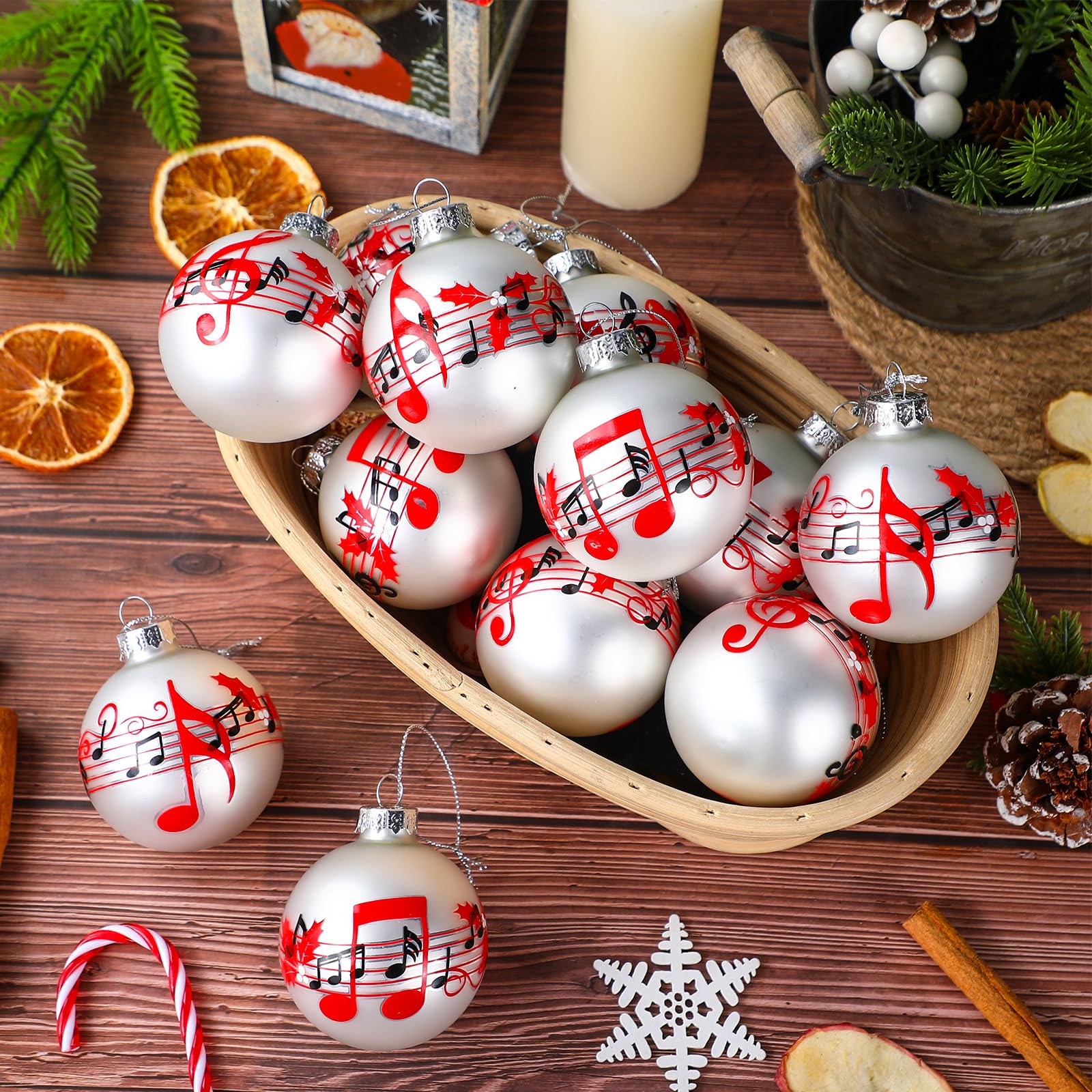 GlikCeil 12 Pcs White Musical Christmas Ornament for Tree 2.4'' Music Notes Balls Music Themed Hanging Ornaments Musical Notes C