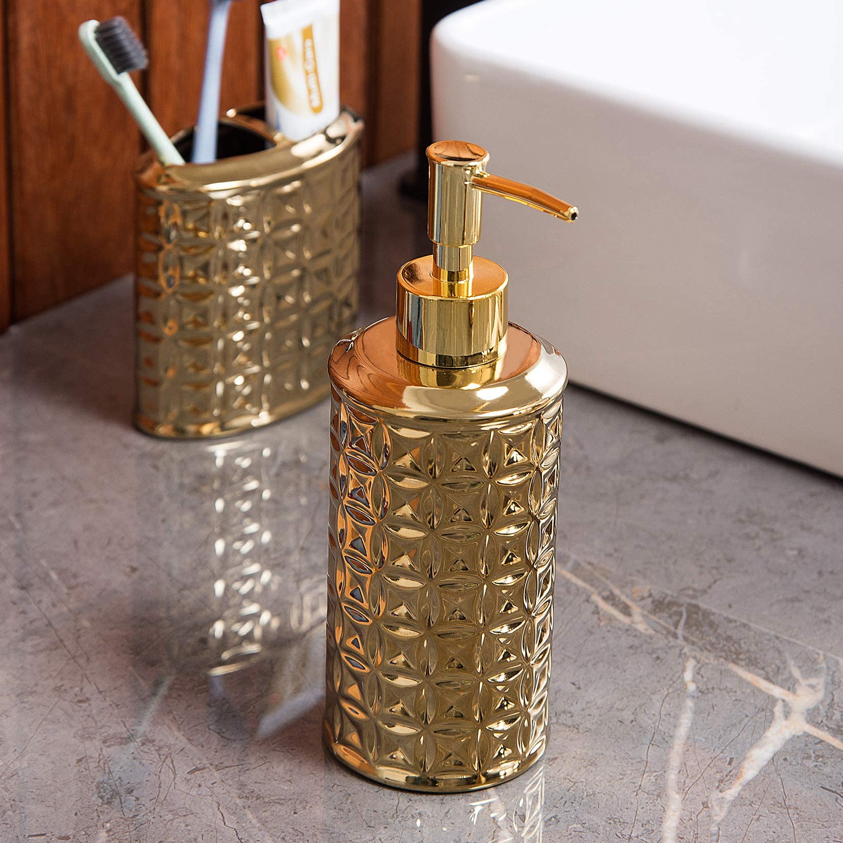 Gold Bathroom Accessory Set, 4-Piece Ceramic Bathroom Decorations Accessories Sets Includes Lotion Dispenser, Toothbrush Holder