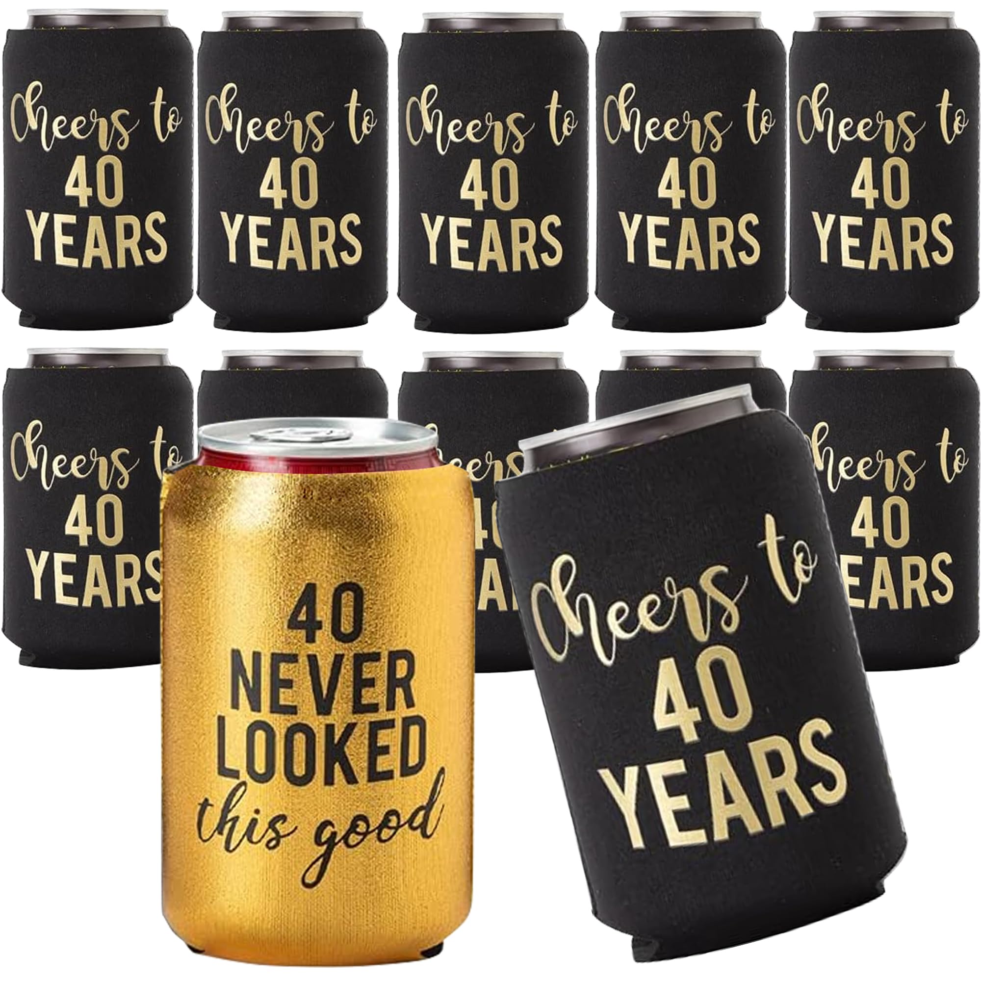 Cheers To 40 Years And 1 Metallic Gold ''40 Never Looked So Good'' Birthday Party Can Coolies, Set Of 12, Black And Gold 40Th Bi