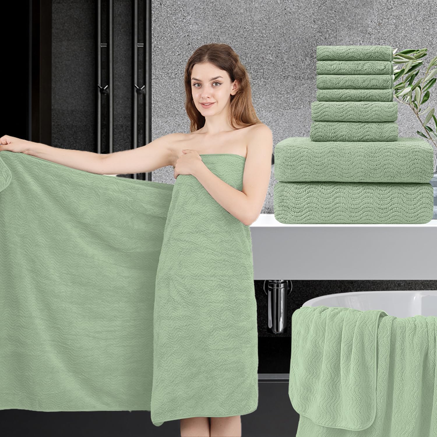 Jessy Home 8 Piece Bath Towel Set |2 Oversized Large Bath Sheet,2 Hand Towels,4 Washcloths| Soft Luxury Towel Set For Bathroom H