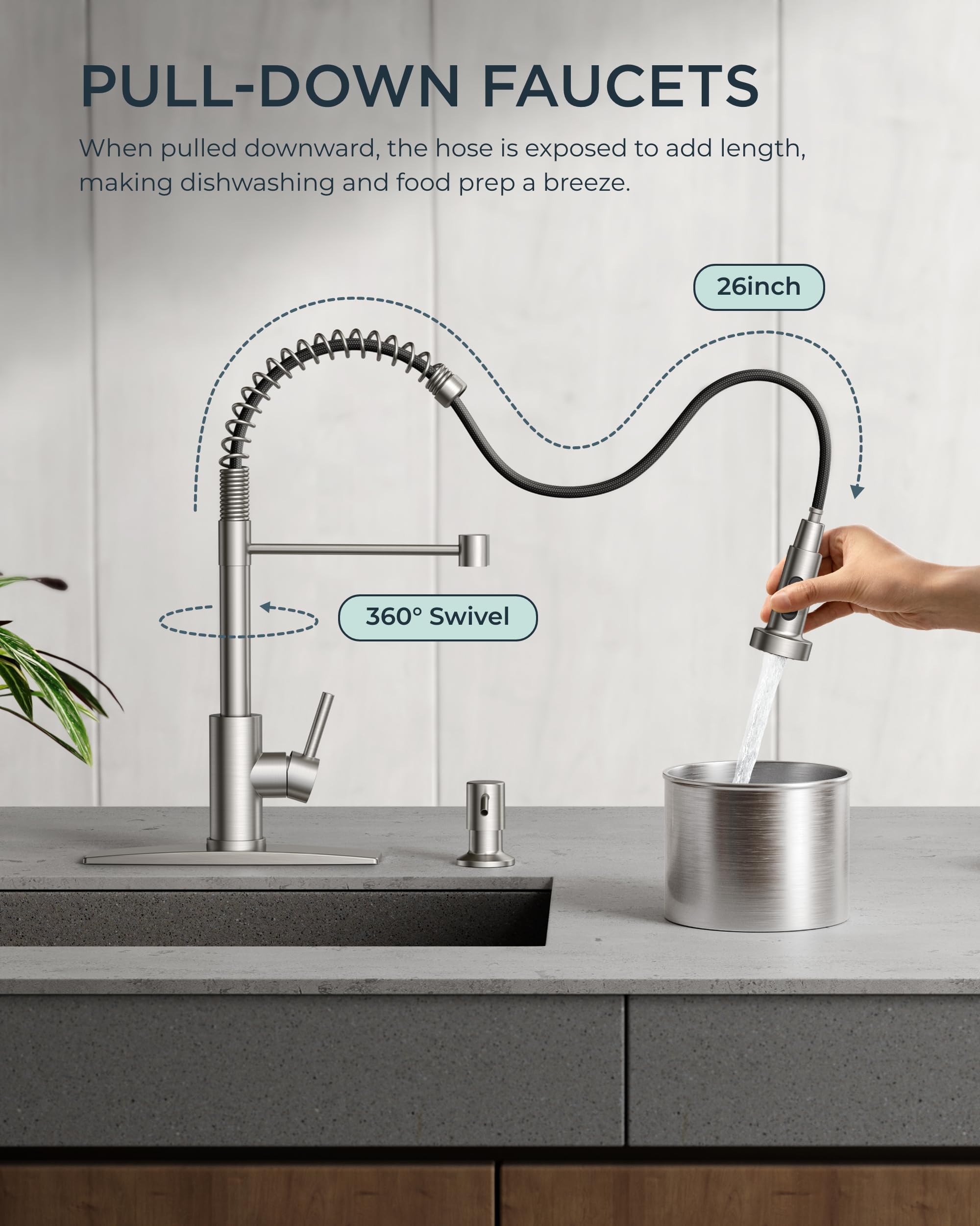 Forious Kitchen Faucet With Soap Dispenser, Brushed Nickel Kitchen Faucets With Pull Down Sprayer, Single Handle Kitchen Faucet