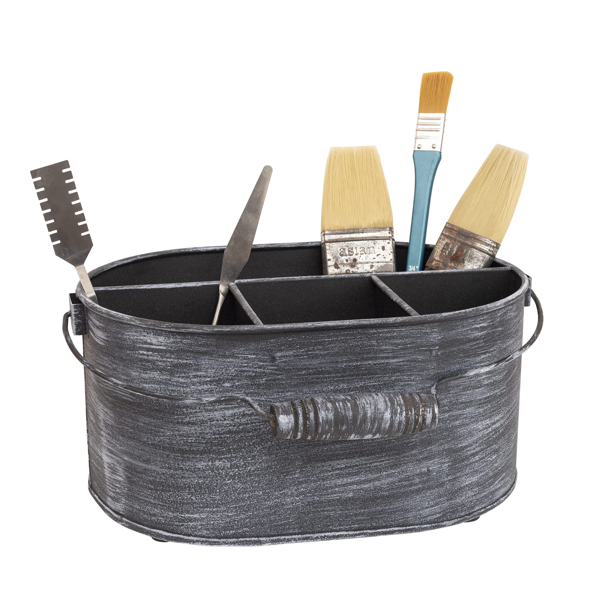 Gocraft Farmhouse Galvanized Metal Flatware Caddy | Rustic Grey Kitchen Home Storage Organiser With 4 Compartments And Handle |