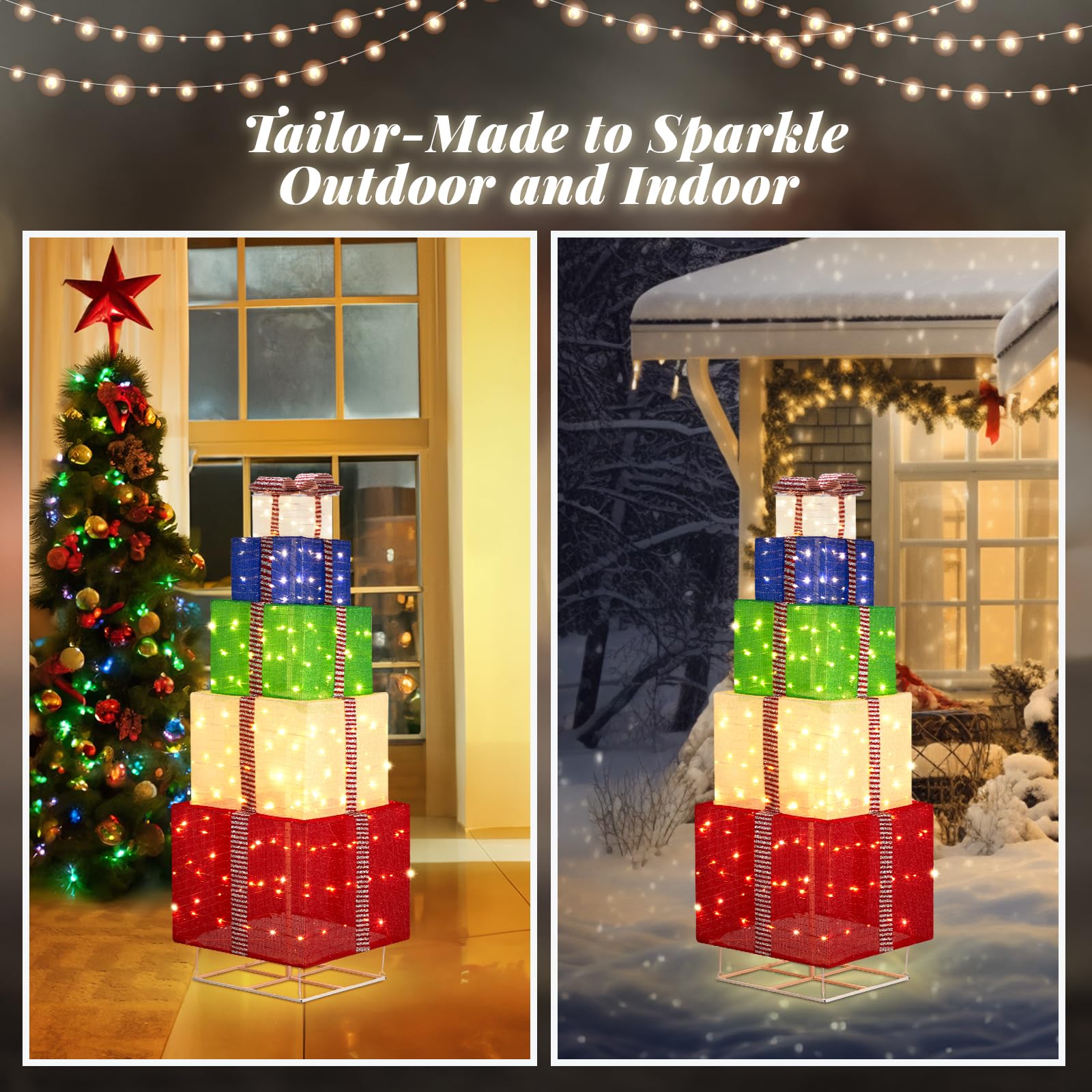 6FT Lighted Gift Boxes Tower, Outdoor Christmas Decorations with 200 White LED Lights, Pre-lit Stacked Light Up Present Boxes Or