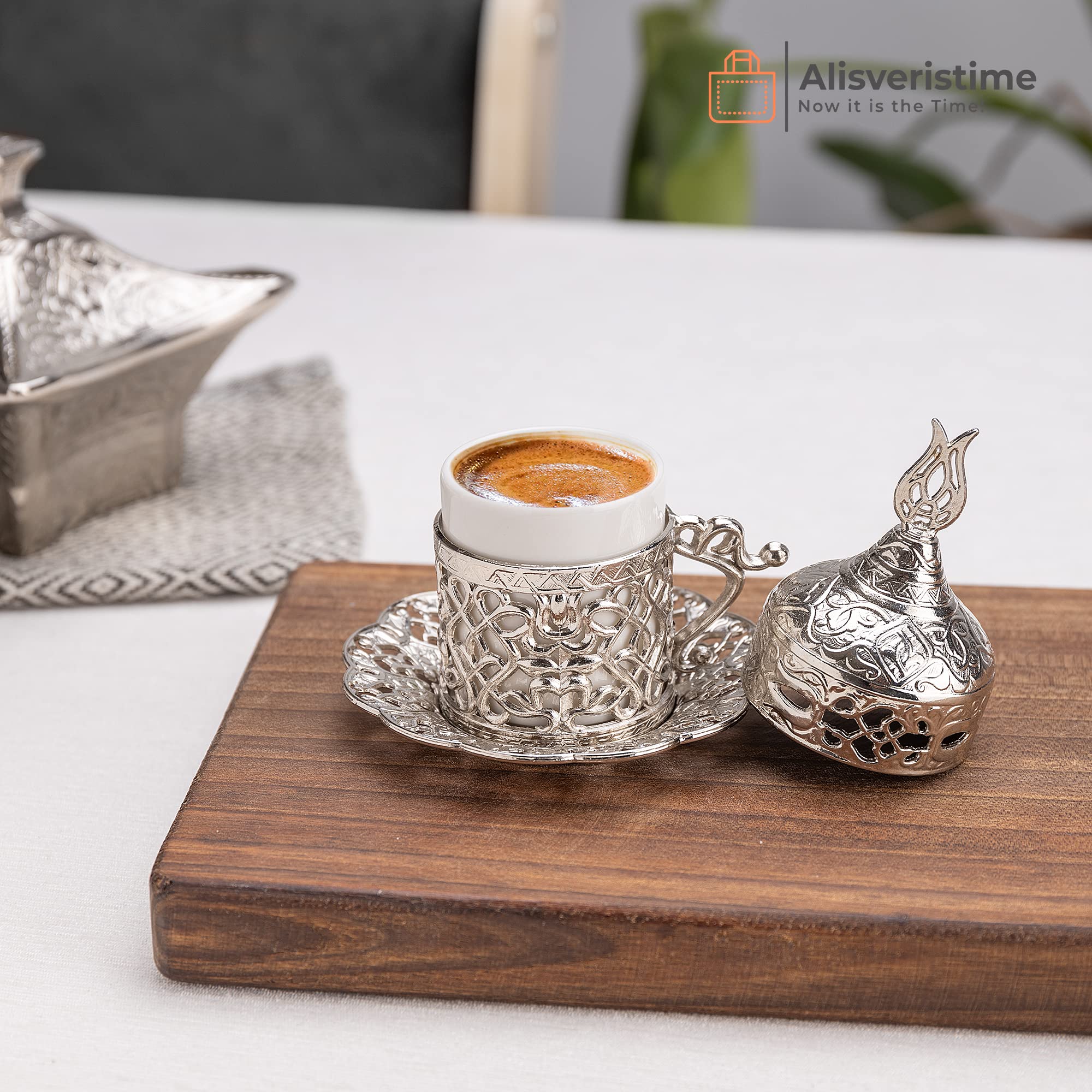Alisveristime Turkish Coffee Set For Two - Authentic Ottoman Style Cups, Saucers, And Serving Tray With Lale Motifs (Acur) (Silv